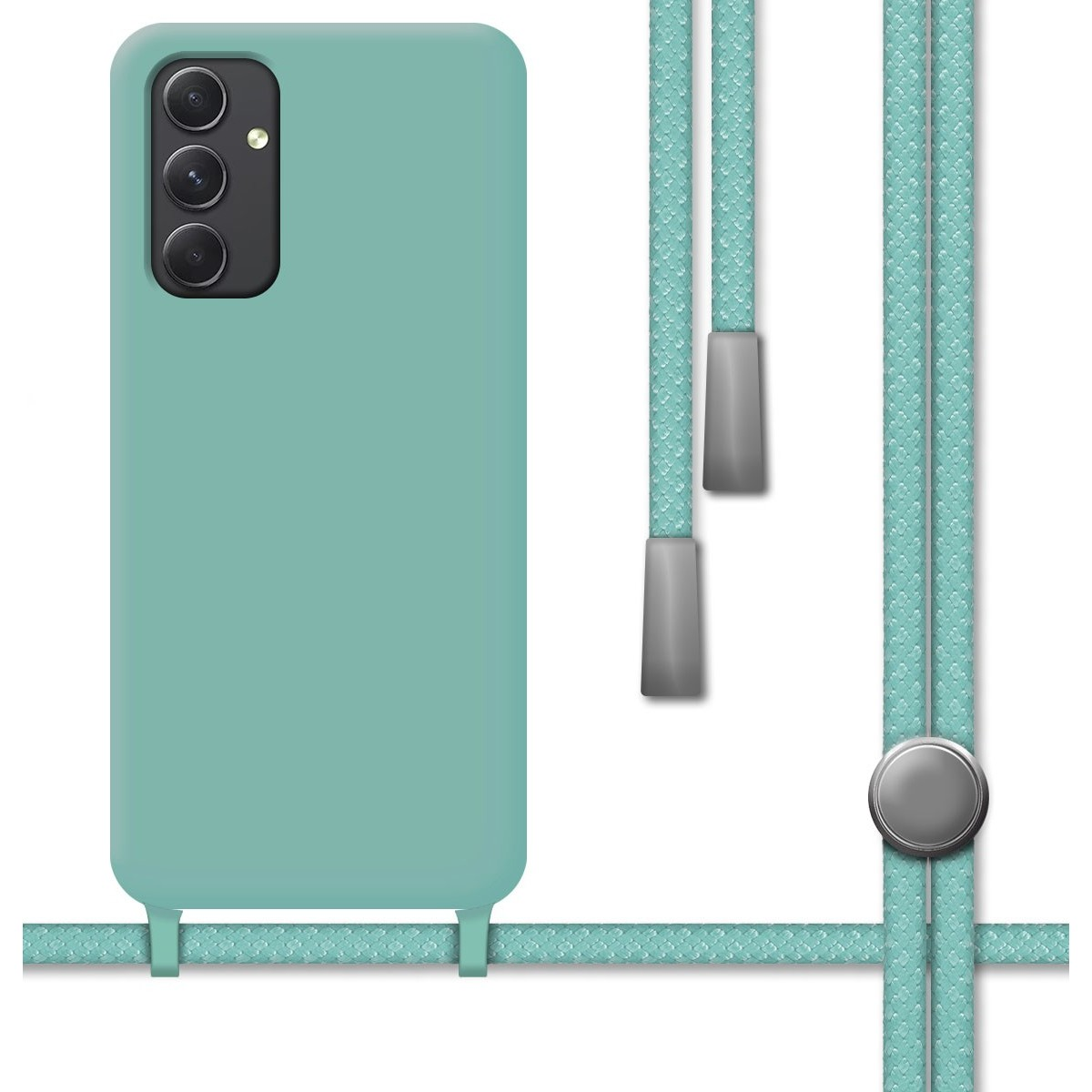 Custodia per telefono verde menta con modulo fotocamera e cordino verde abbinato con dettagli argentati. Sfondo bianco.