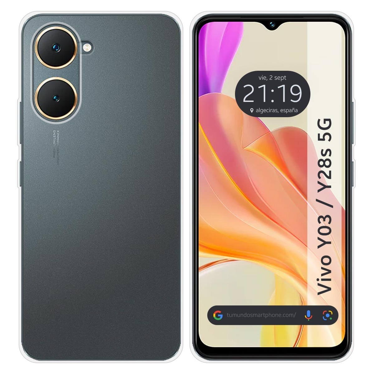 Una custodia per telefono con un design grigio. Lo schermo mostra l'ora 21:19 e le parole Vivo Y03 / Y28s 5G.