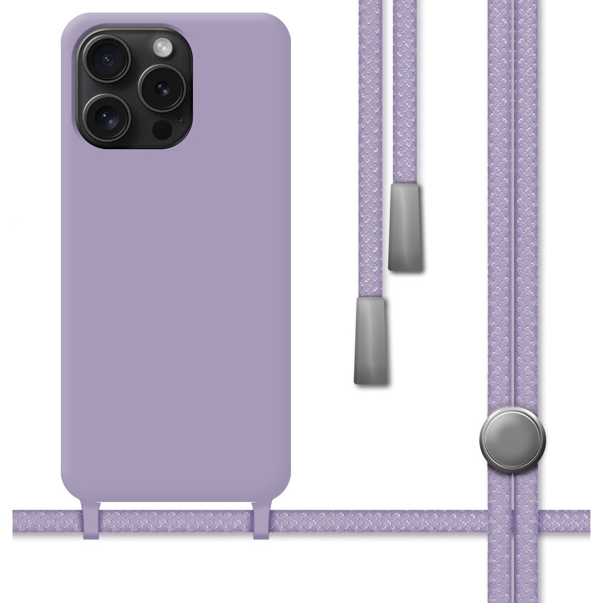 Una custodia per telefono lilla con una corda lilla. La custodia ha delle fotocamere sul retro.