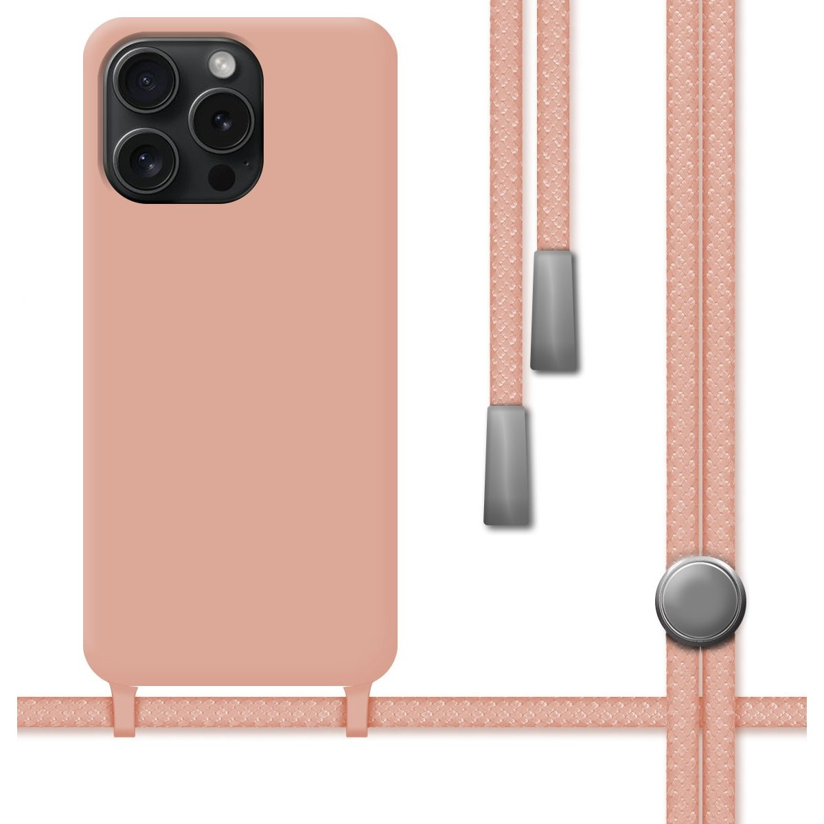 Custodia per telefono rosa con cordino abbinato e accessori argentati. Il telefono è a sinistra.