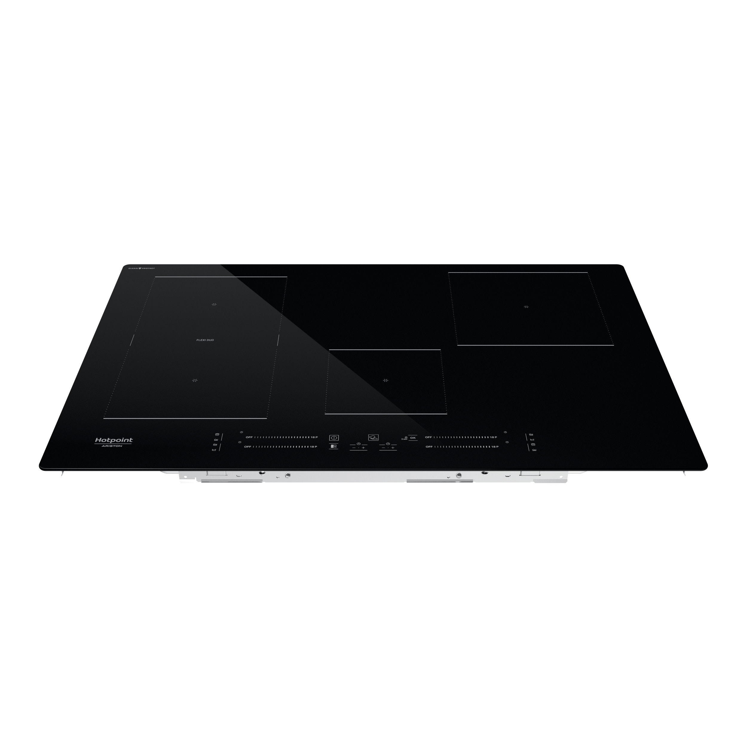 Piano cottura a induzione Hotpoint nero con tre zone cottura e comandi touch, su bianco.