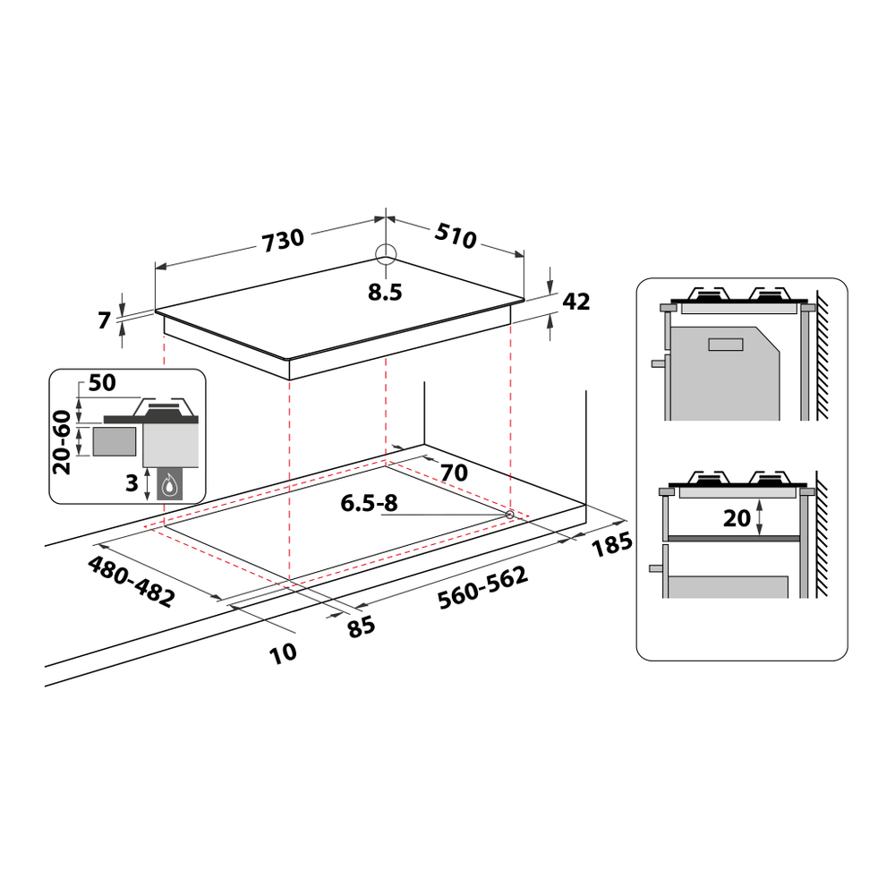 Diagramma che mostra dimensioni e dettagli di taglio dell'installazione di un piano cottura.