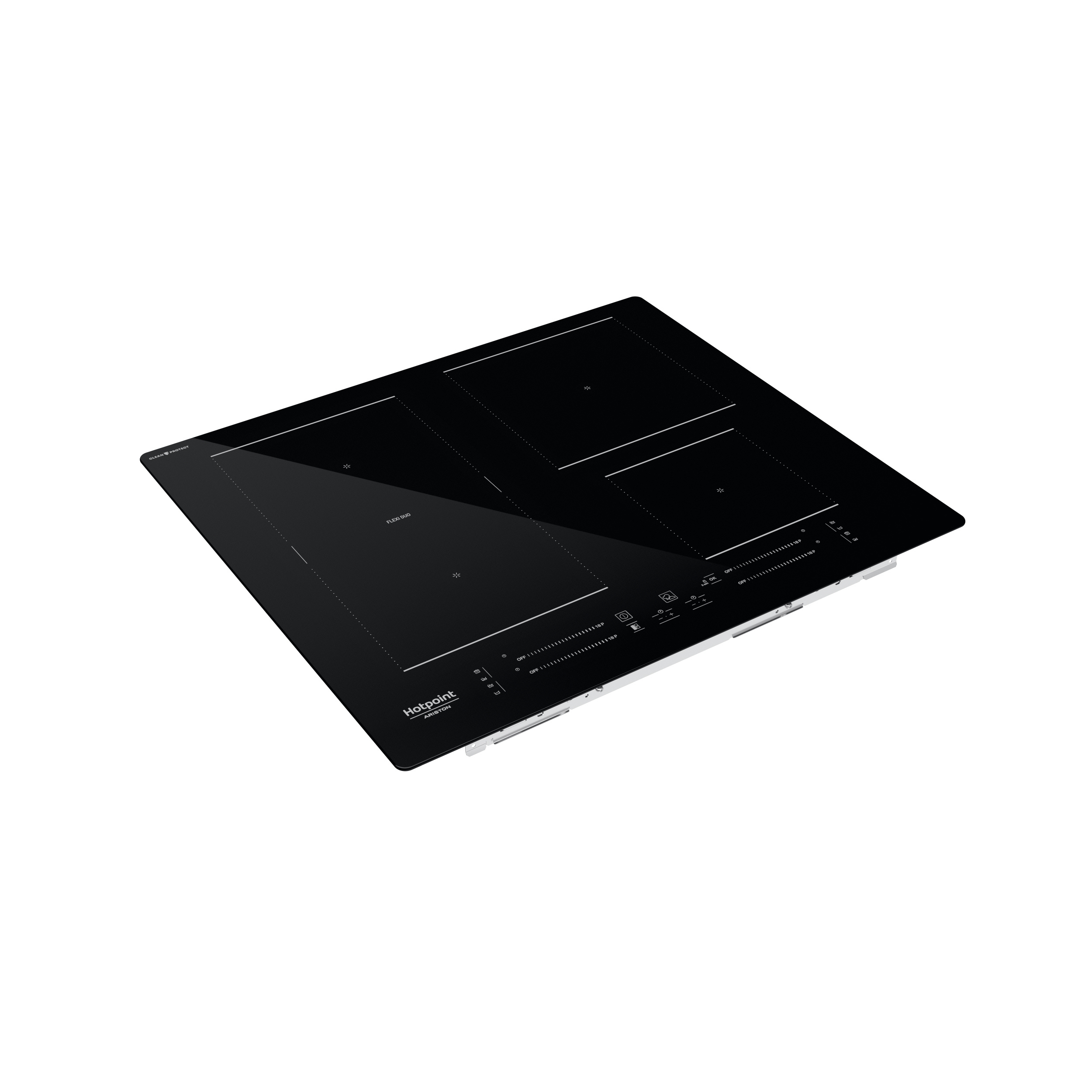 Piano cottura a induzione nero con quattro zone cottura, comandi touch e logo del marchio.