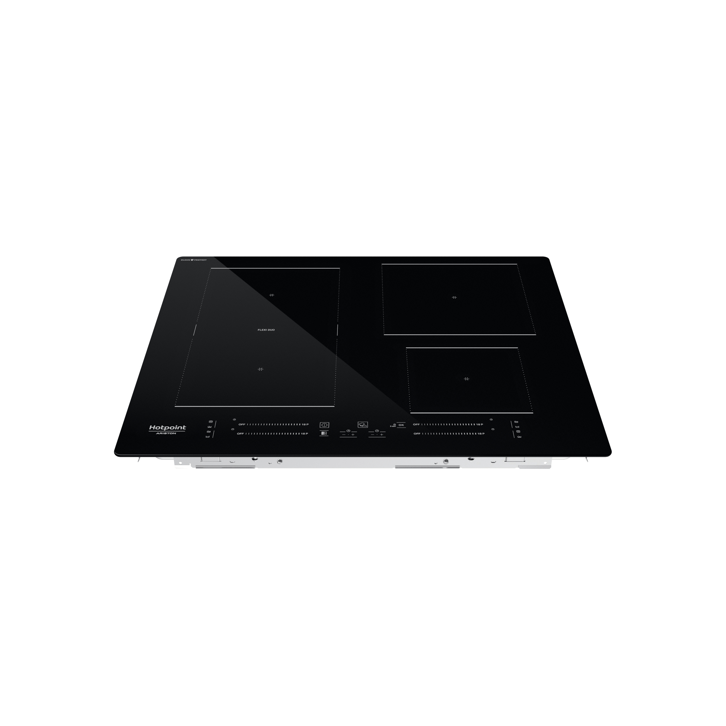 Piano cottura a induzione Hotpoint nero con tre zone cottura e comandi touch.