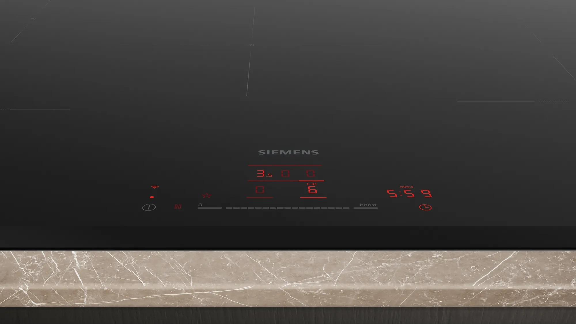 Gros plan sur un panneau de commande de table de cuisson noir avec affichage rouge.