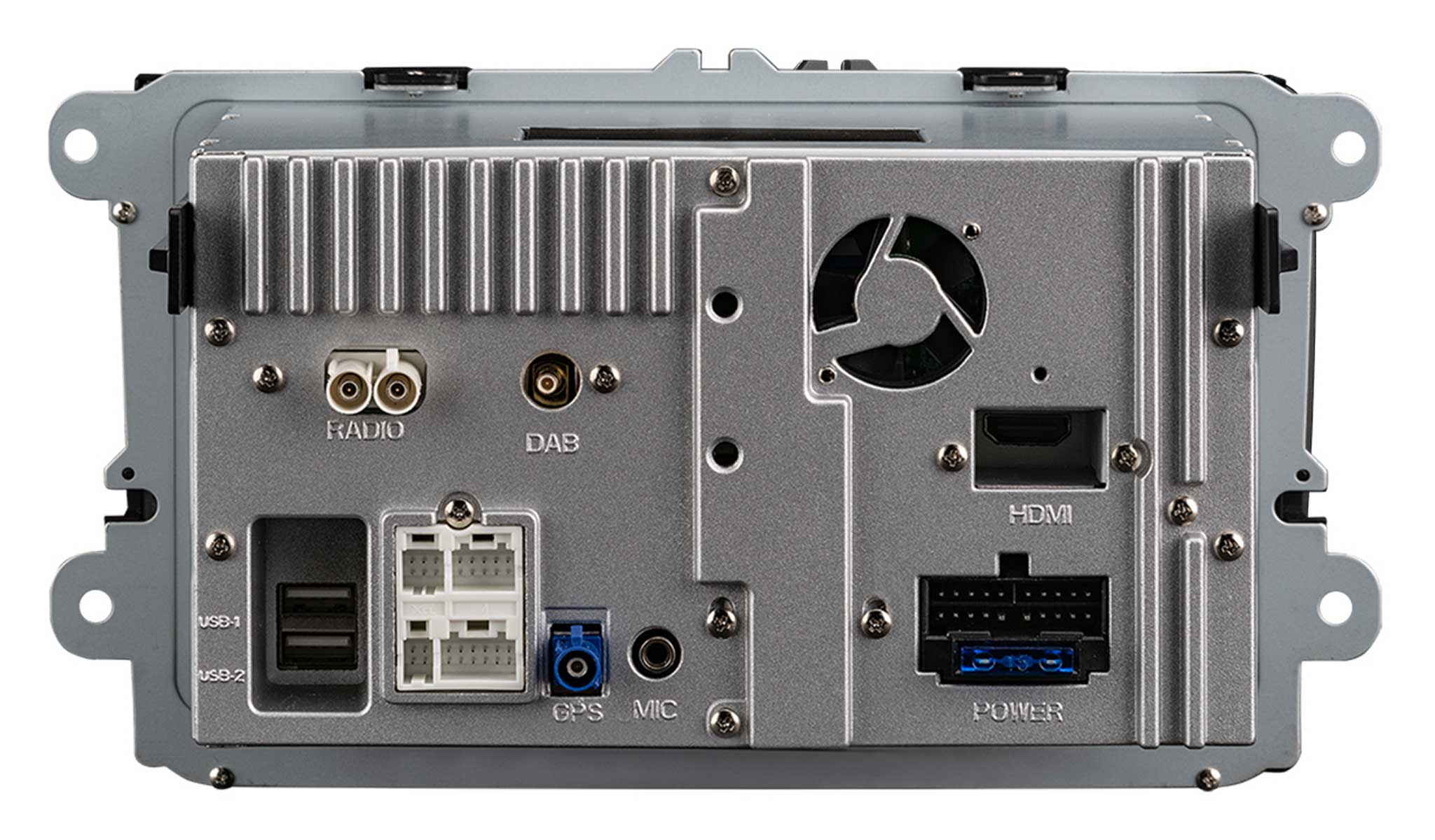 Die Rückseite eines Autoradios mit mehreren Anschlüssen und Beschriftungen für Radio, HDMI und Strom.