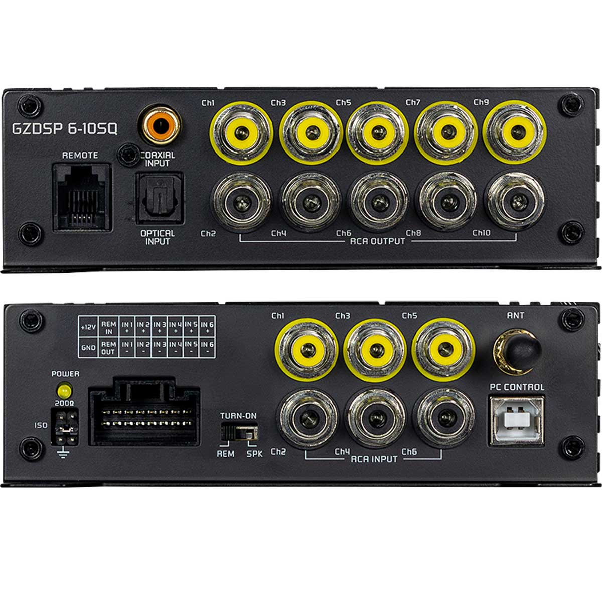 Car-Audio-Gerät mit gelben und schwarzen Anschlüssen und Steckern.
