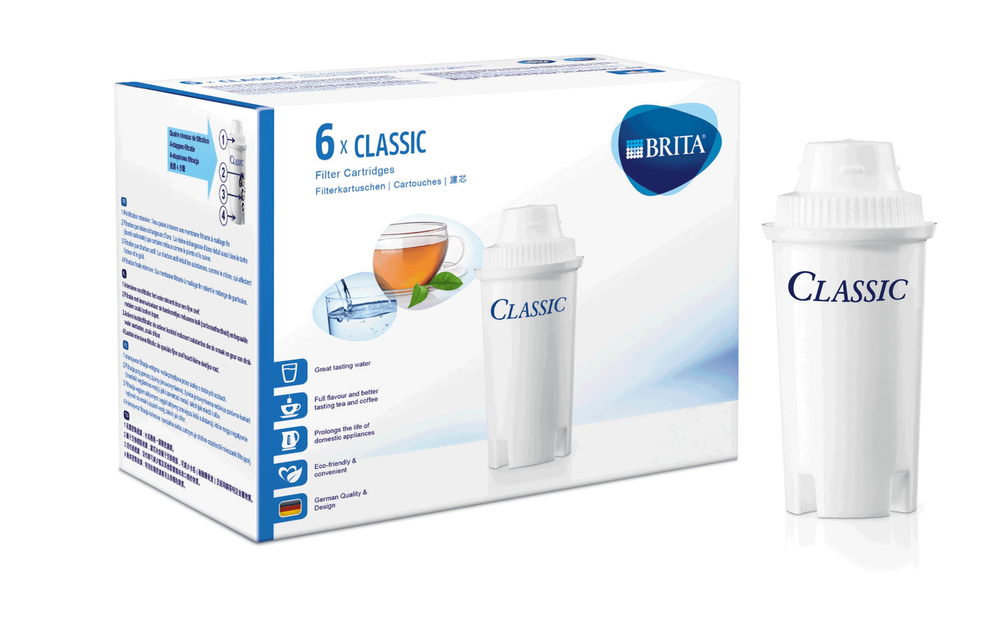 Weiße Brita Classic Filterkartuschenbox und ein Filter. Text und Grafiken.