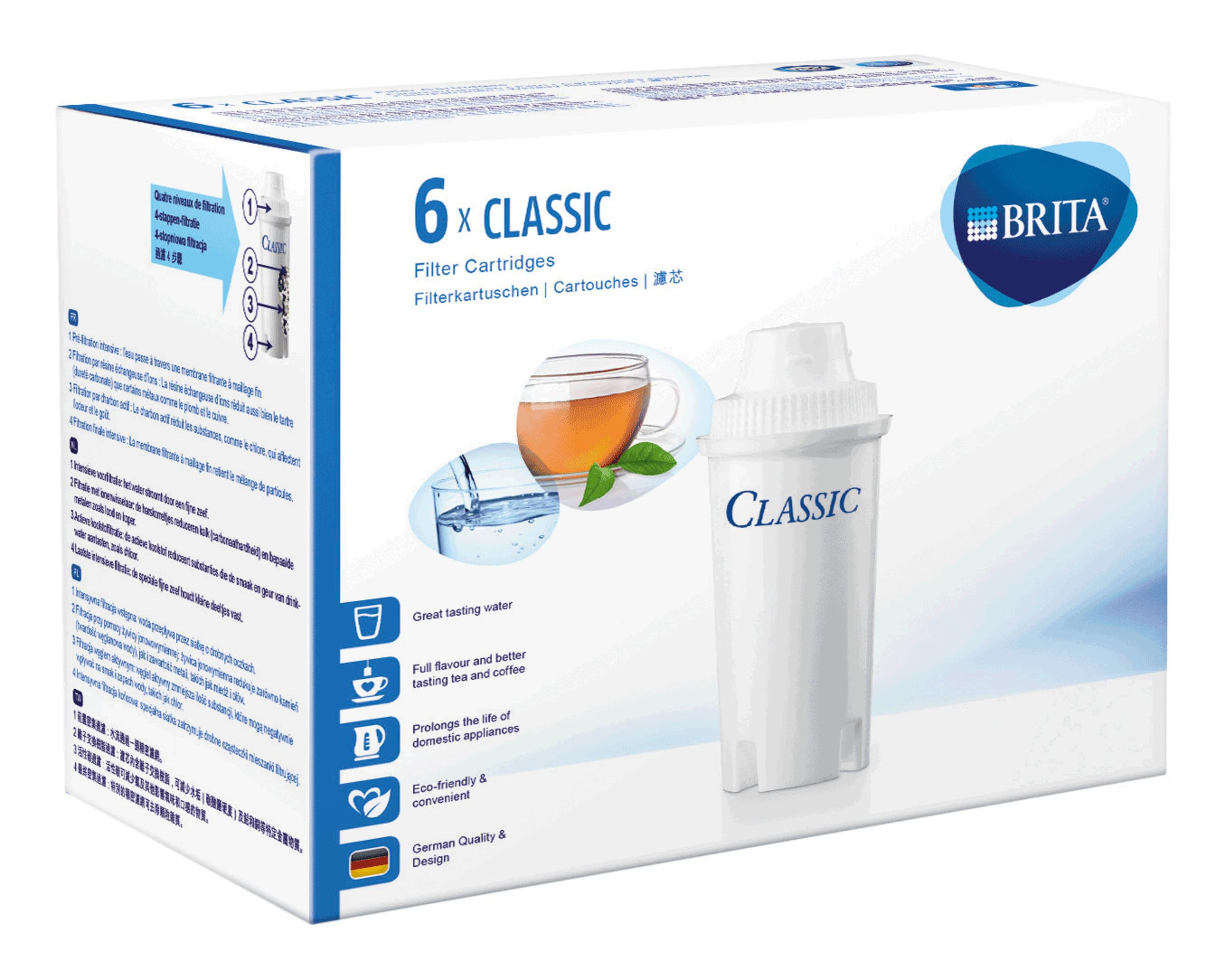 Eine Schachtel mit 6 Classic Brita Filterkartuschen, mit Bildern einer Teetasse und eines Filters, Text in mehreren Sprachen.