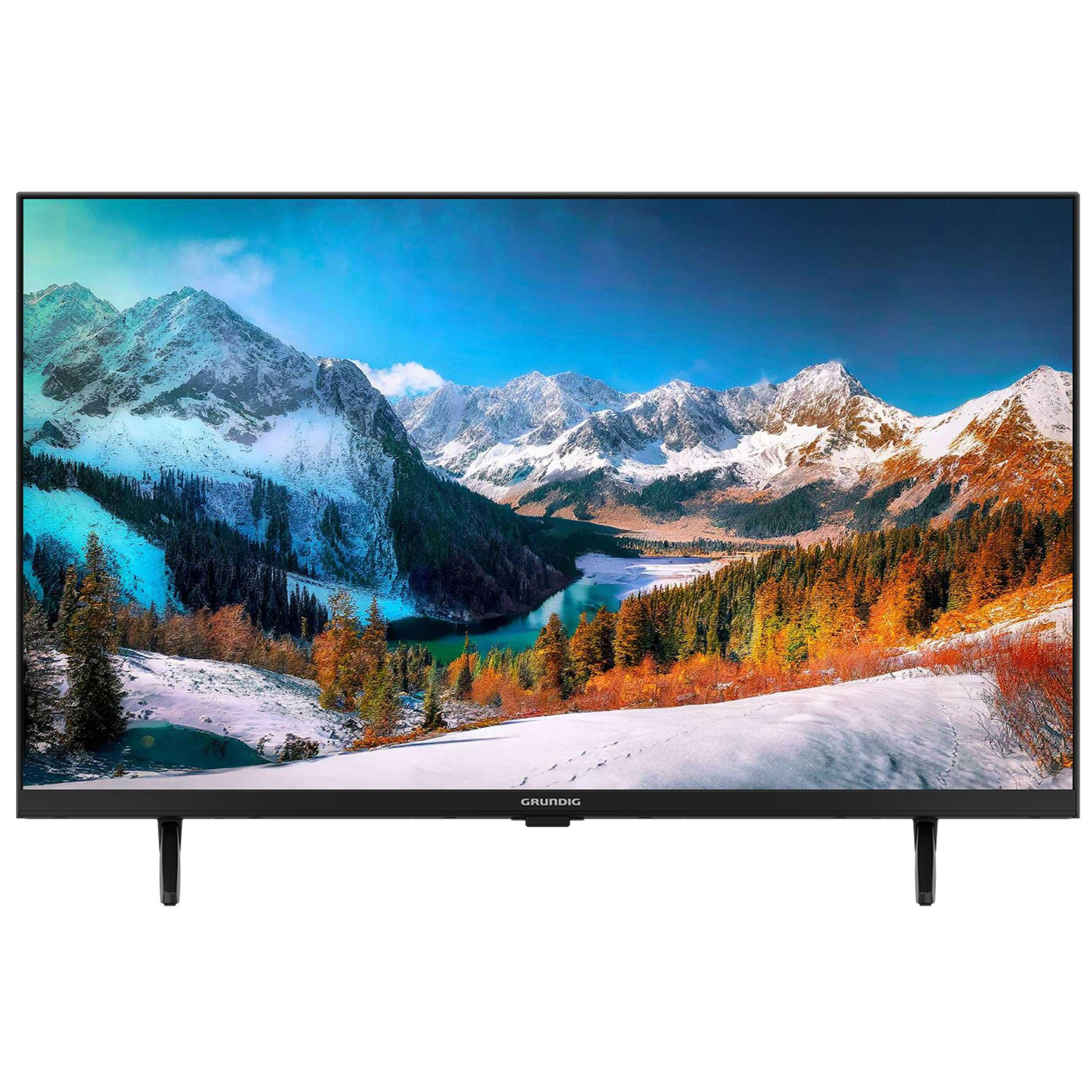 Telewizor z płaskim ekranem wyświetlający zaśnieżony górski krajobraz z błękitnym niebem.