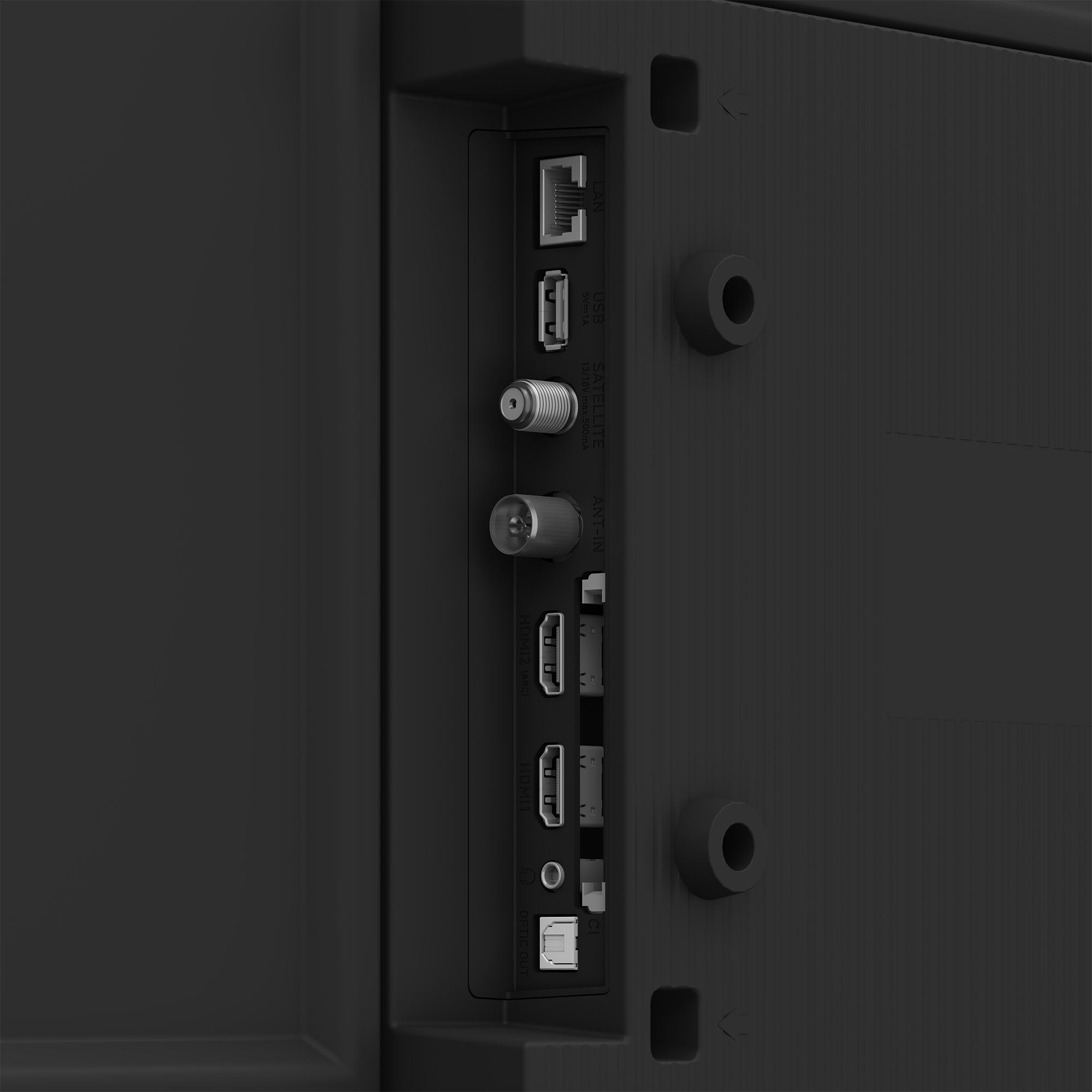 Tył czarnego telewizora z różnymi portami, takimi jak LAN, USB, HDMI i wejścia antenowe.
