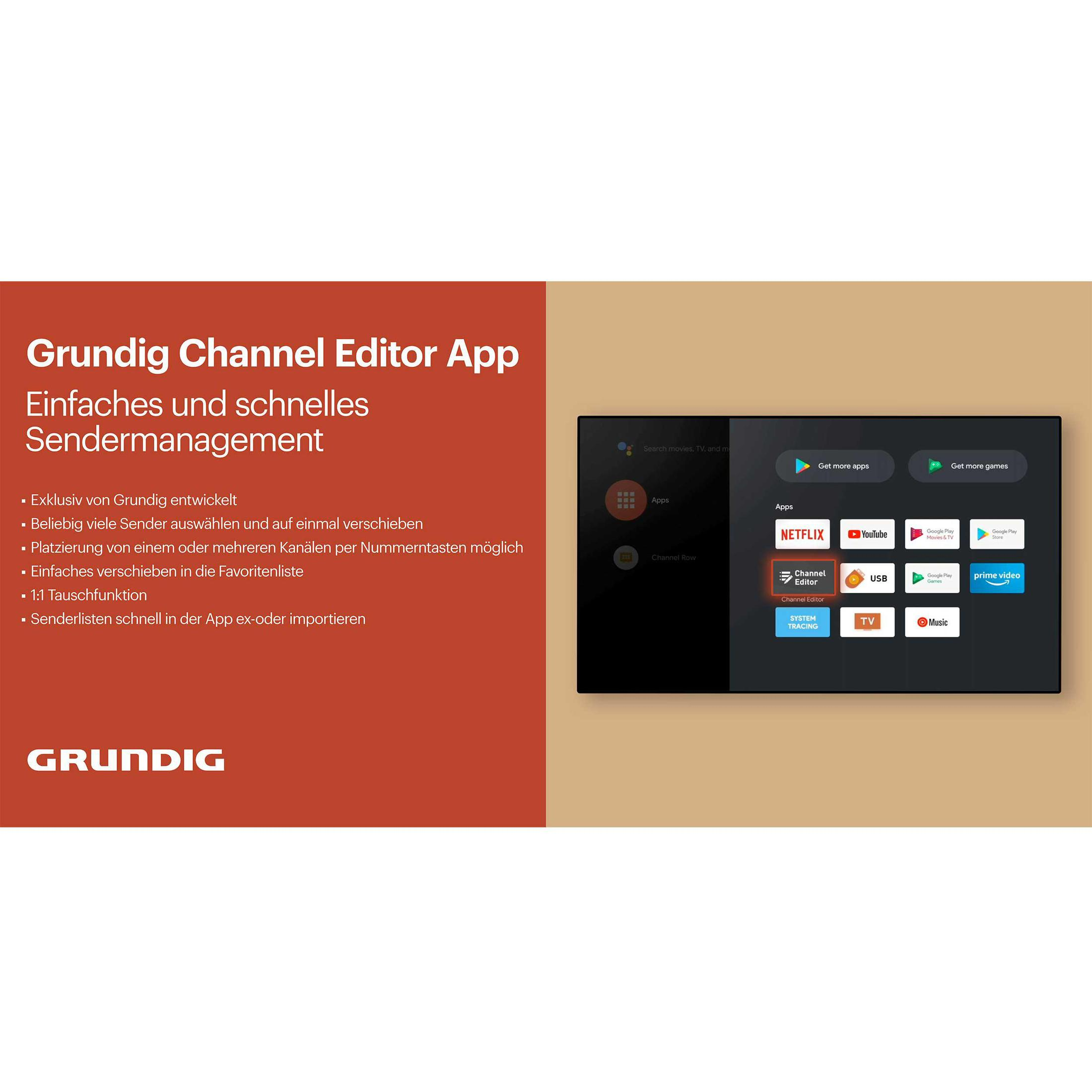 Interfejs aplikacji Grundig Channel Editor na ekranie telewizora z ikonami aplikacji i opisami tekstowymi.