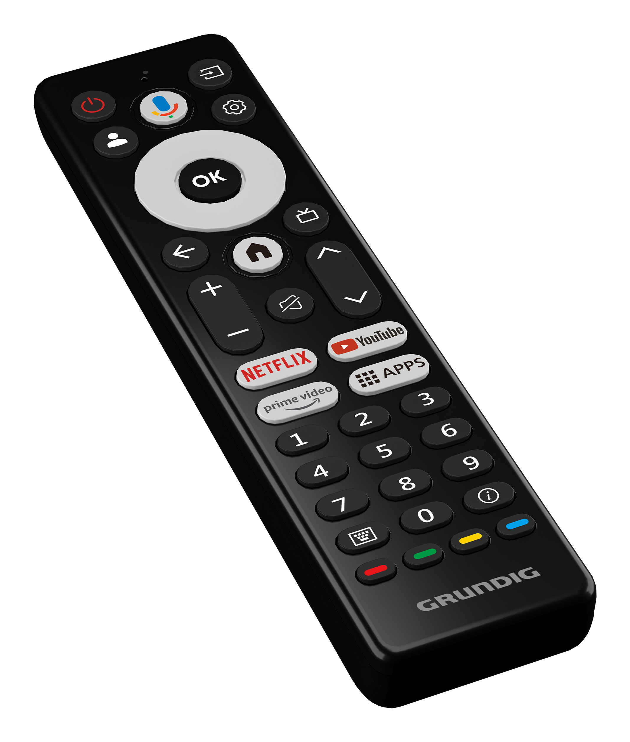 Czarny pilot Grundig. Zawiera przyciski Netflix, YouTube i inne. Przycisk OK na środku.
