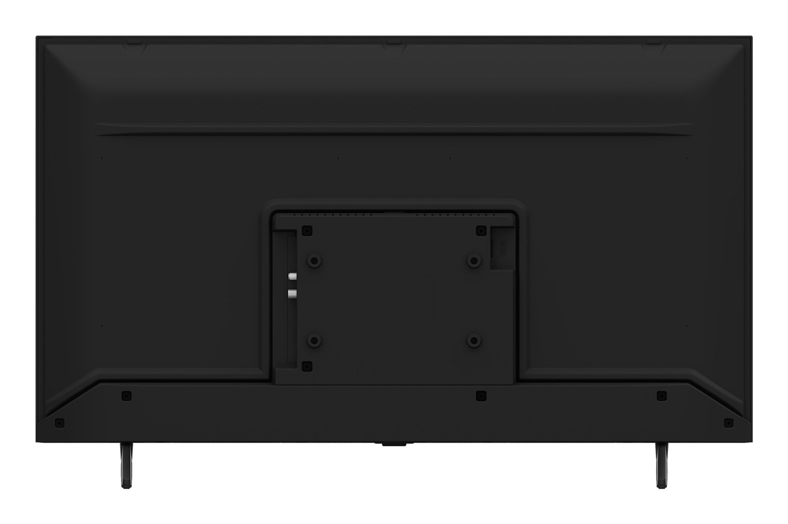 Tył czarnego telewizora z uchwytem montażowym i nogami. Istnieją porty połączeniowe.
