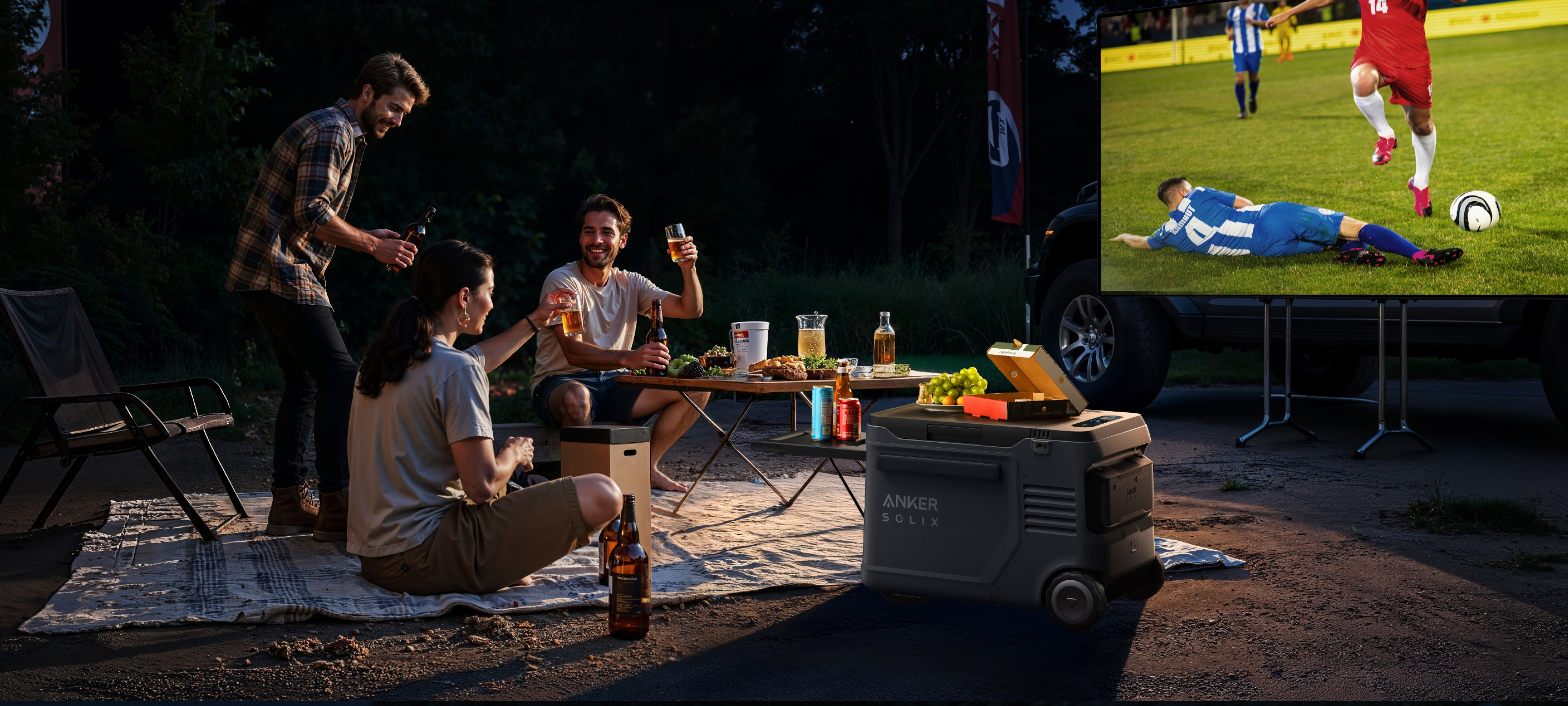 Grupa osób spędzających czas na zewnątrz, z meczem piłki nożnej na ekranie w tle.