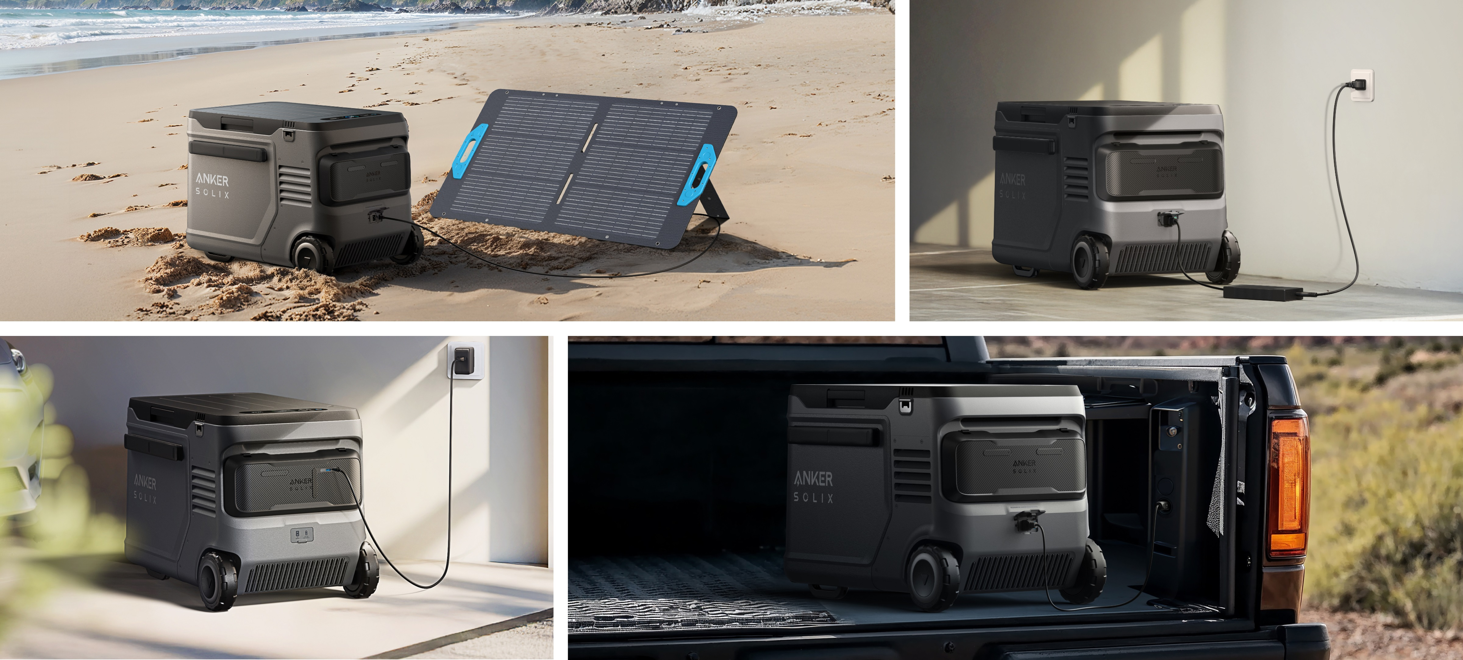 Wiele zdjęć przedstawiających przenośną stację zasilania i panel słoneczny. Stacja zasilania jest szara i czarna.