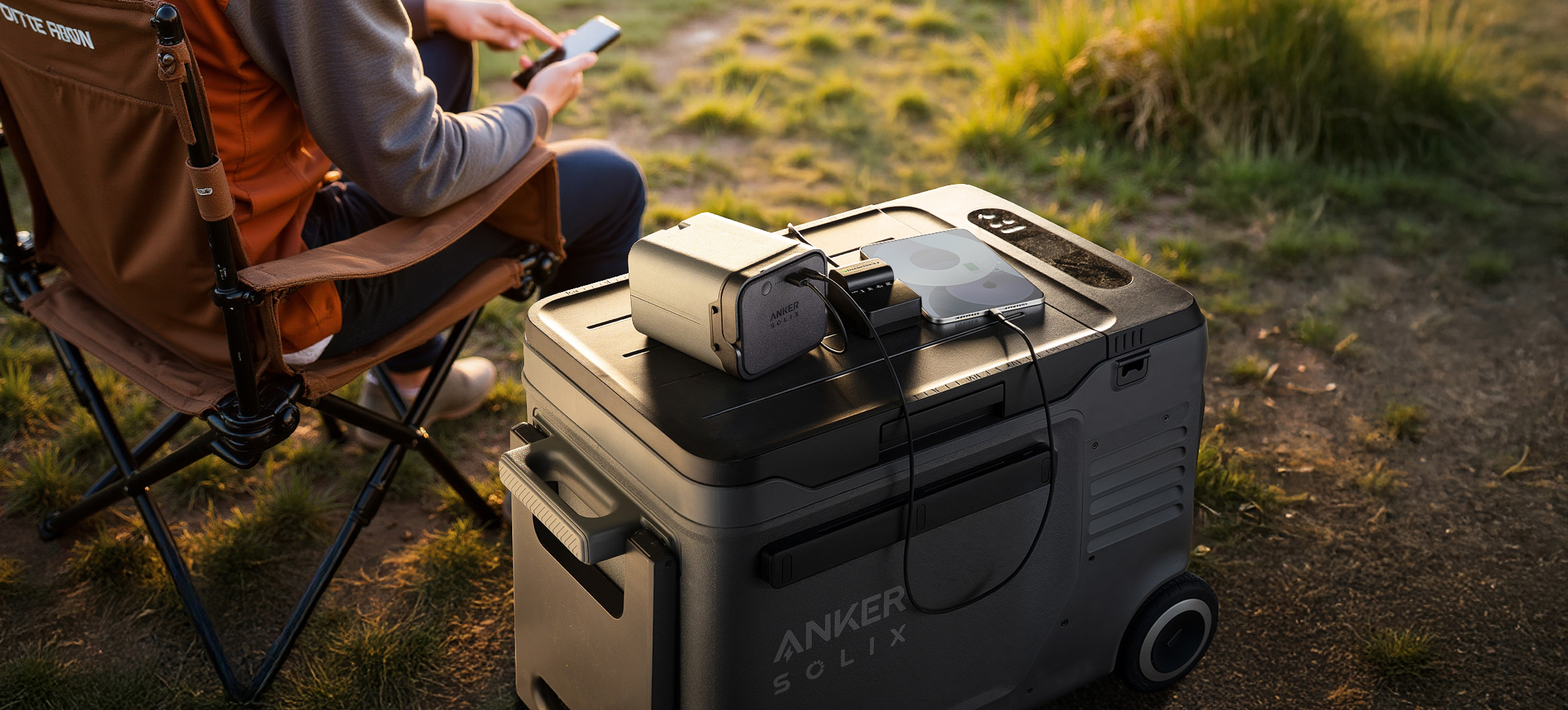 Osoba siedząca na zewnątrz, ładująca telefon i powerbank na chłodziarce.