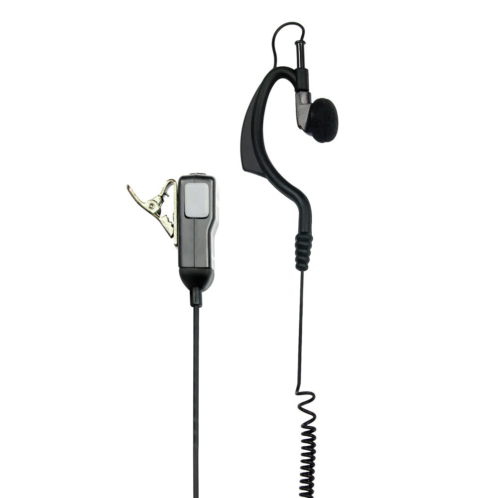 Zwarte en zilveren headset met een microfoon en een clip. De headset staat op een witte achtergrond.
