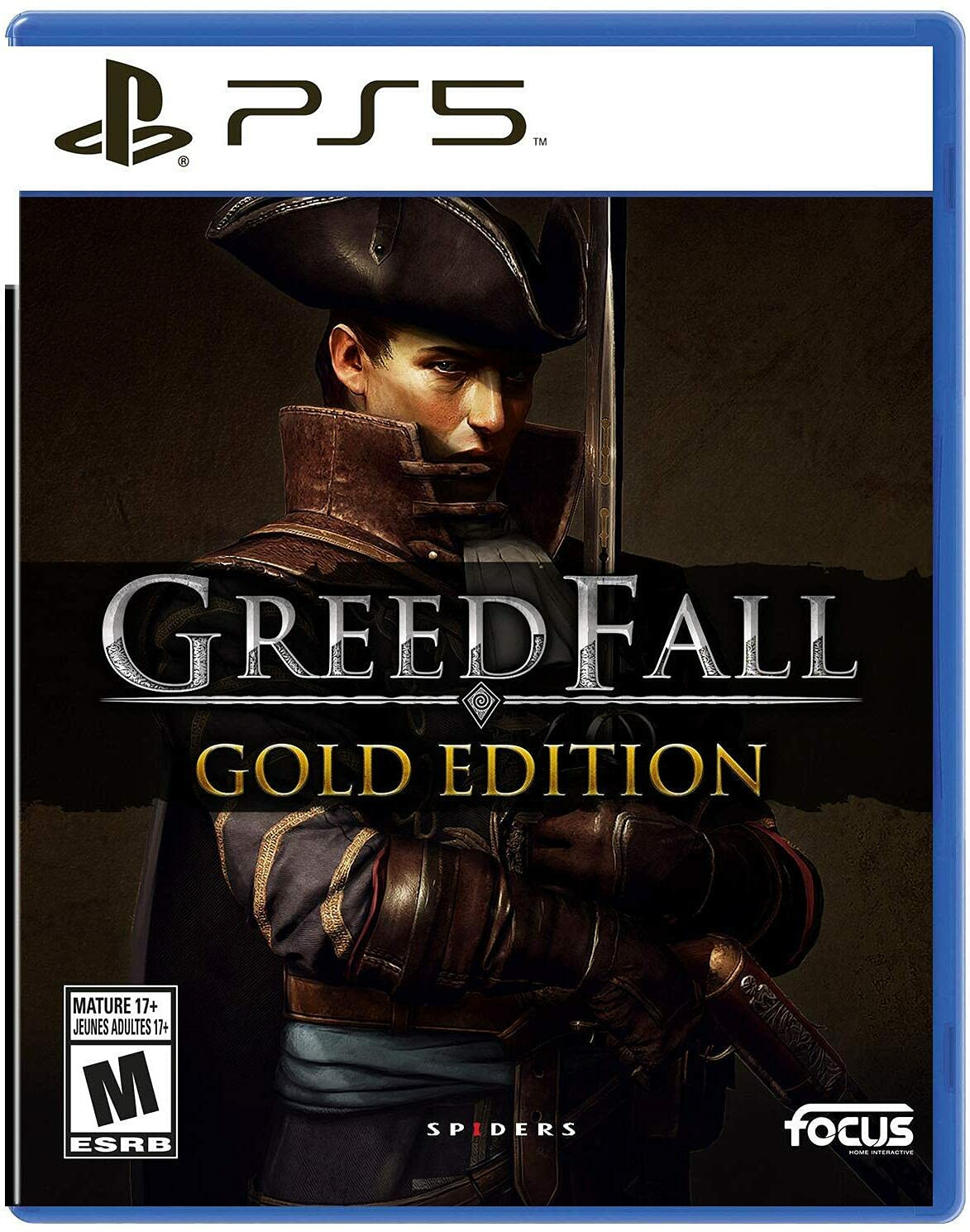 Okładka gry GreedFall Gold Edition na PS5 z mężczyzną w kapeluszu z mieczem.