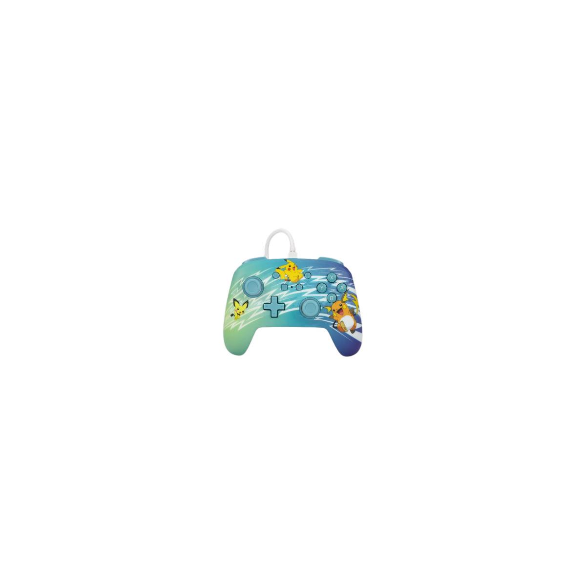 Ein farbenfroher Videospiel-Controller mit Pokémon-Figuren, Kabel angeschlossen.