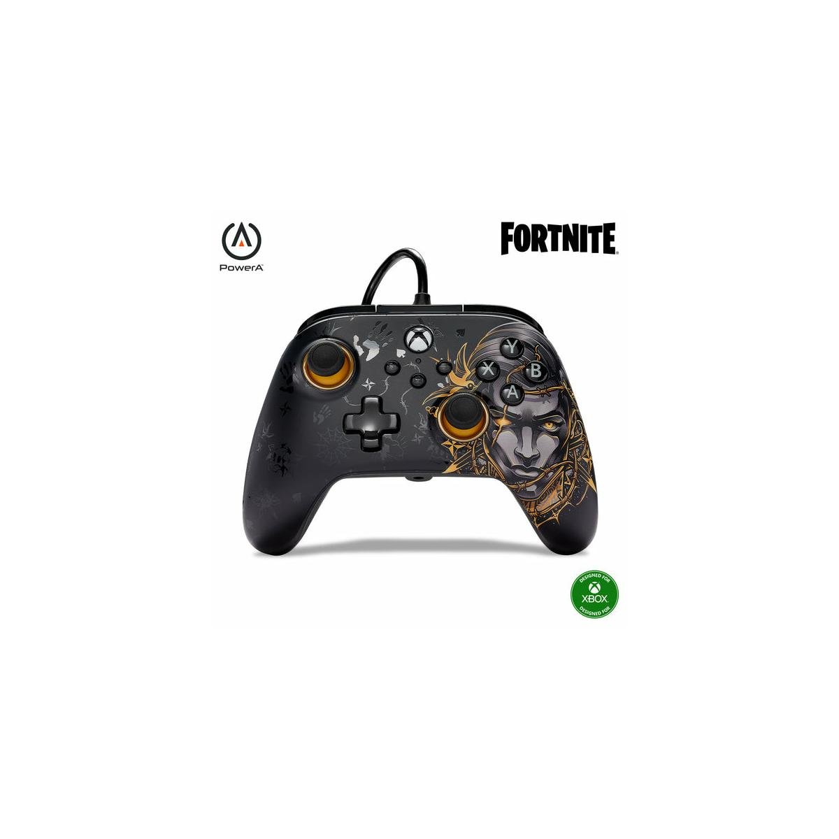 Czarny i złoty kontroler do gry Fortnite. Pokazuje logo i projekt postaci.