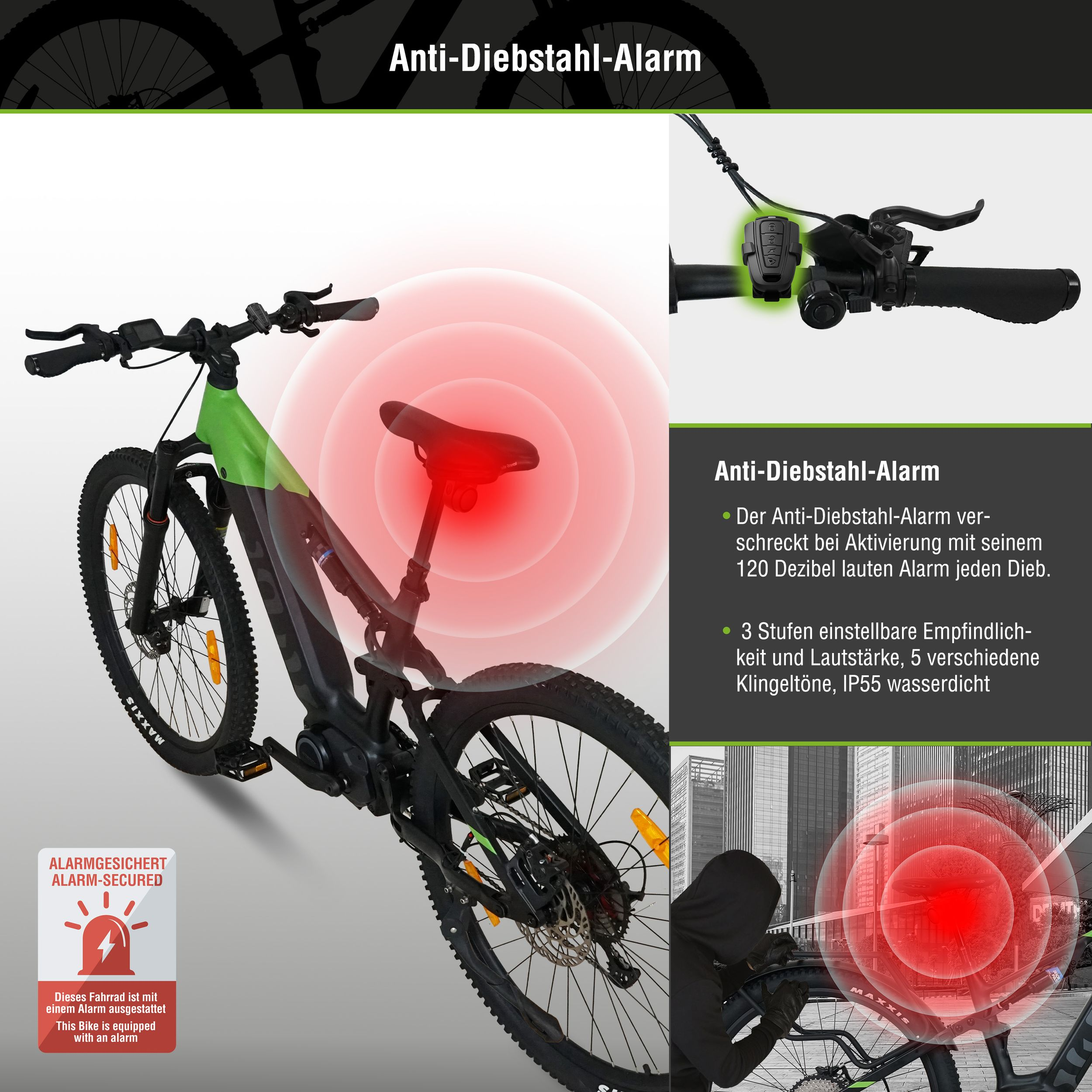 Elektrofahrrad mit Diebstahlalarm. Details des Alarms, Fahrrads und Person im Kapuzenpullover sichtbar.