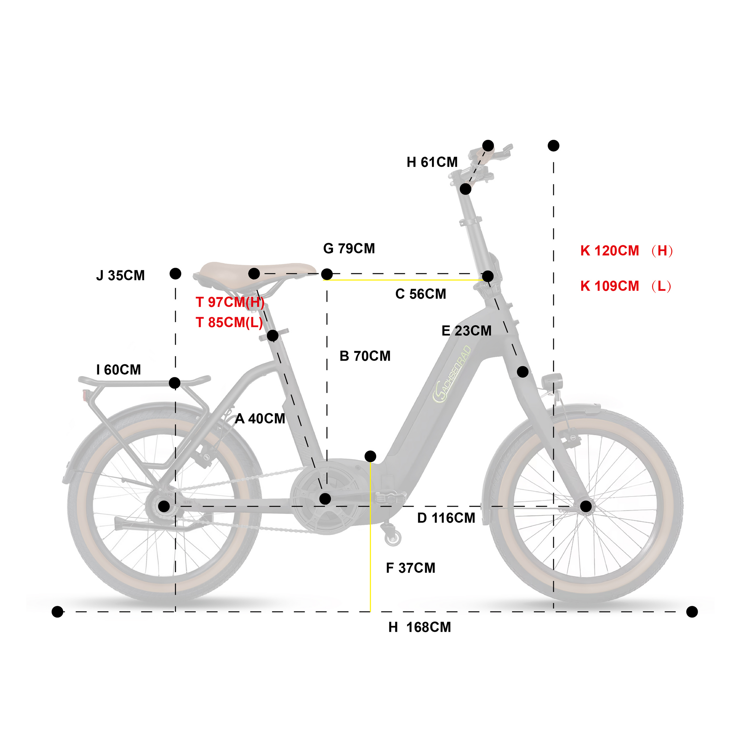 Diagramm eines faltbaren Elektrofahrrads mit beschrifteten Abmessungen in Zentimetern.