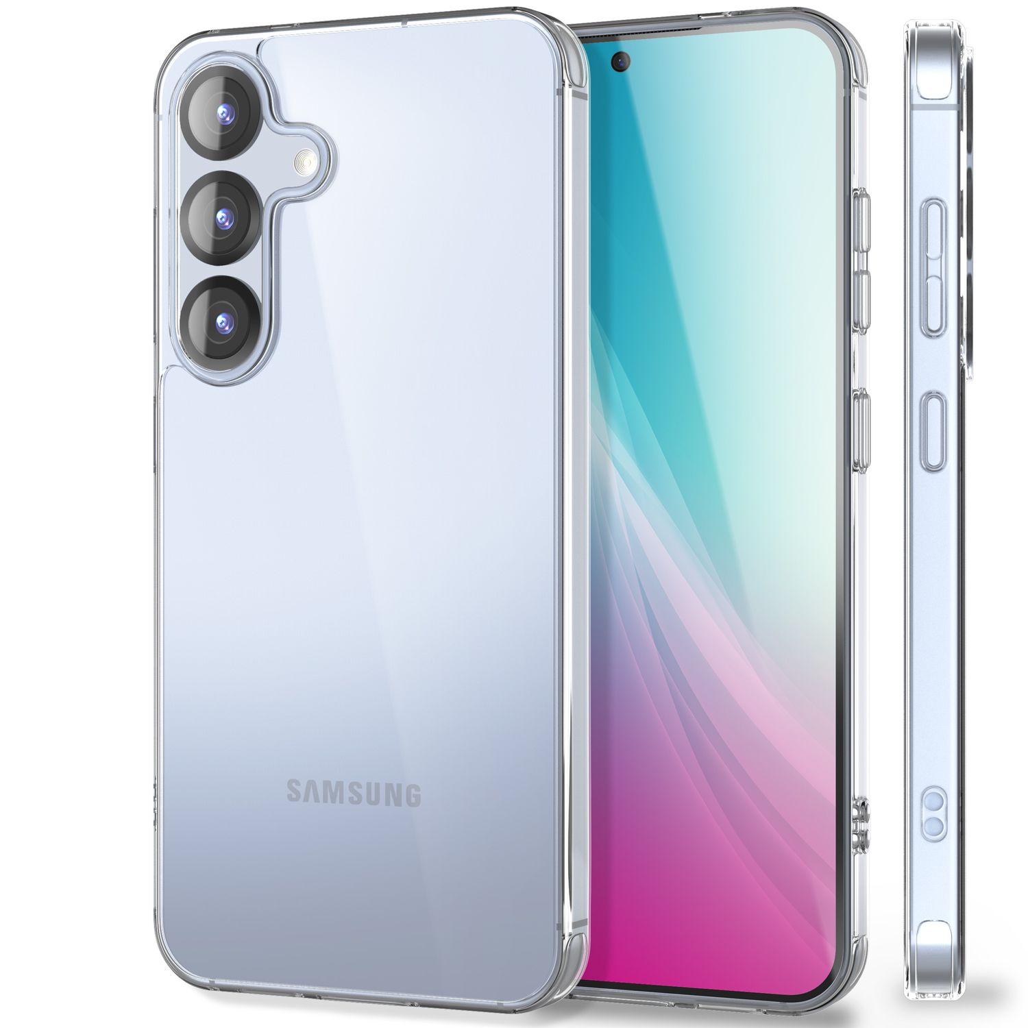 Eine transparente Handyhülle schützt ein Telefon. Das Telefon hat mehrere Kameras und ein Samsung Logo.
