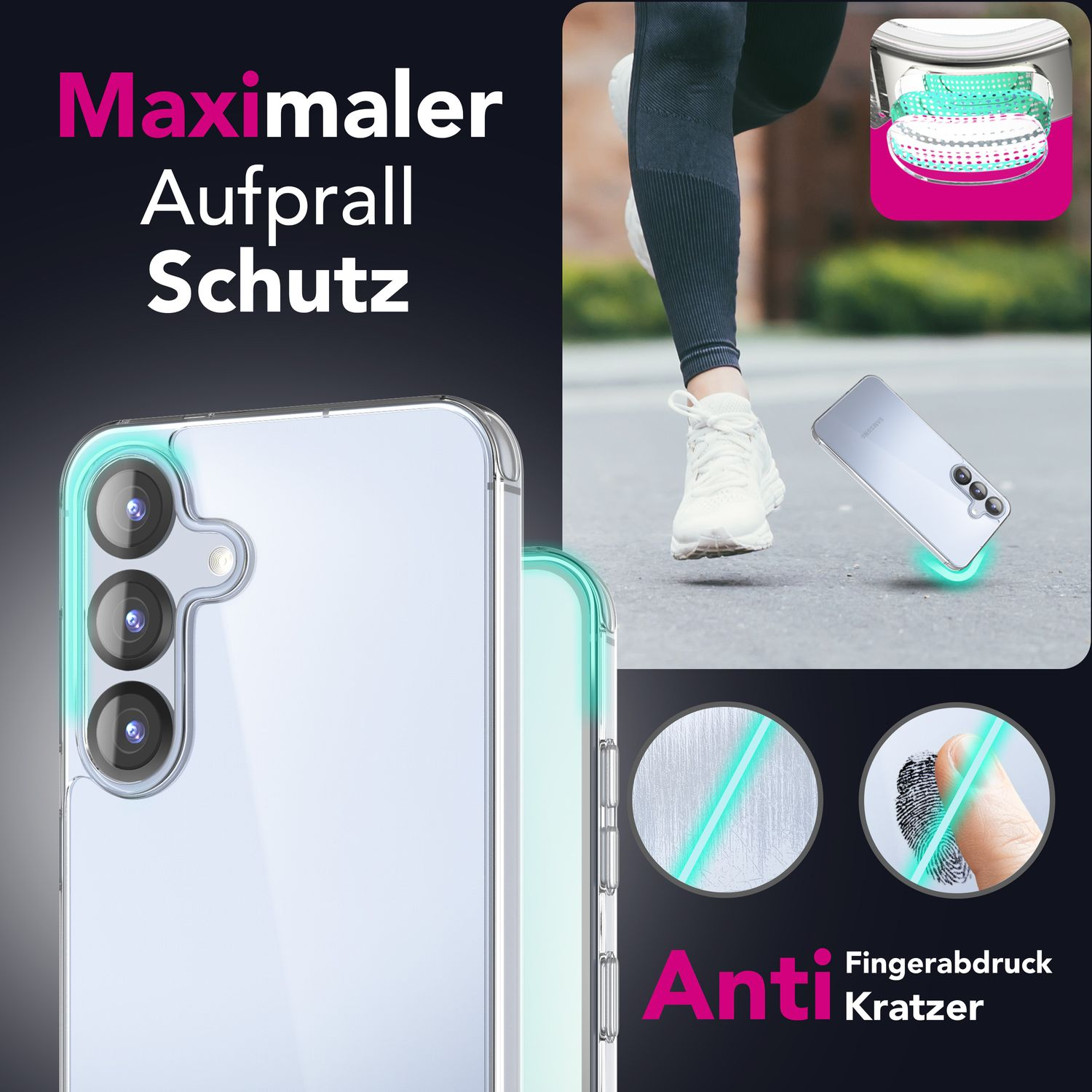 Handyhülle mit Text, Telefon und einer Person, die rennt. Anti-Kratz- und Fingerabdruckdetails.