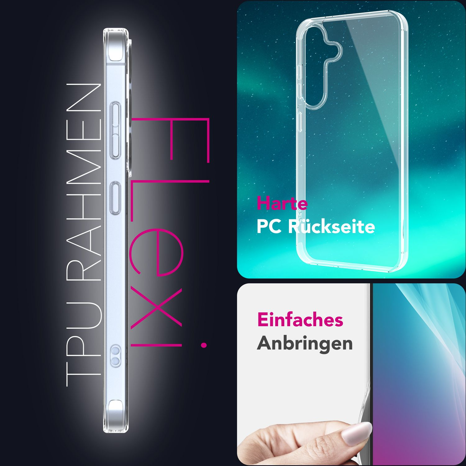 Transparente Handyhülle mit Seitentasten und verschiedenen deutschen Texten. Innen und außen gezeigt.