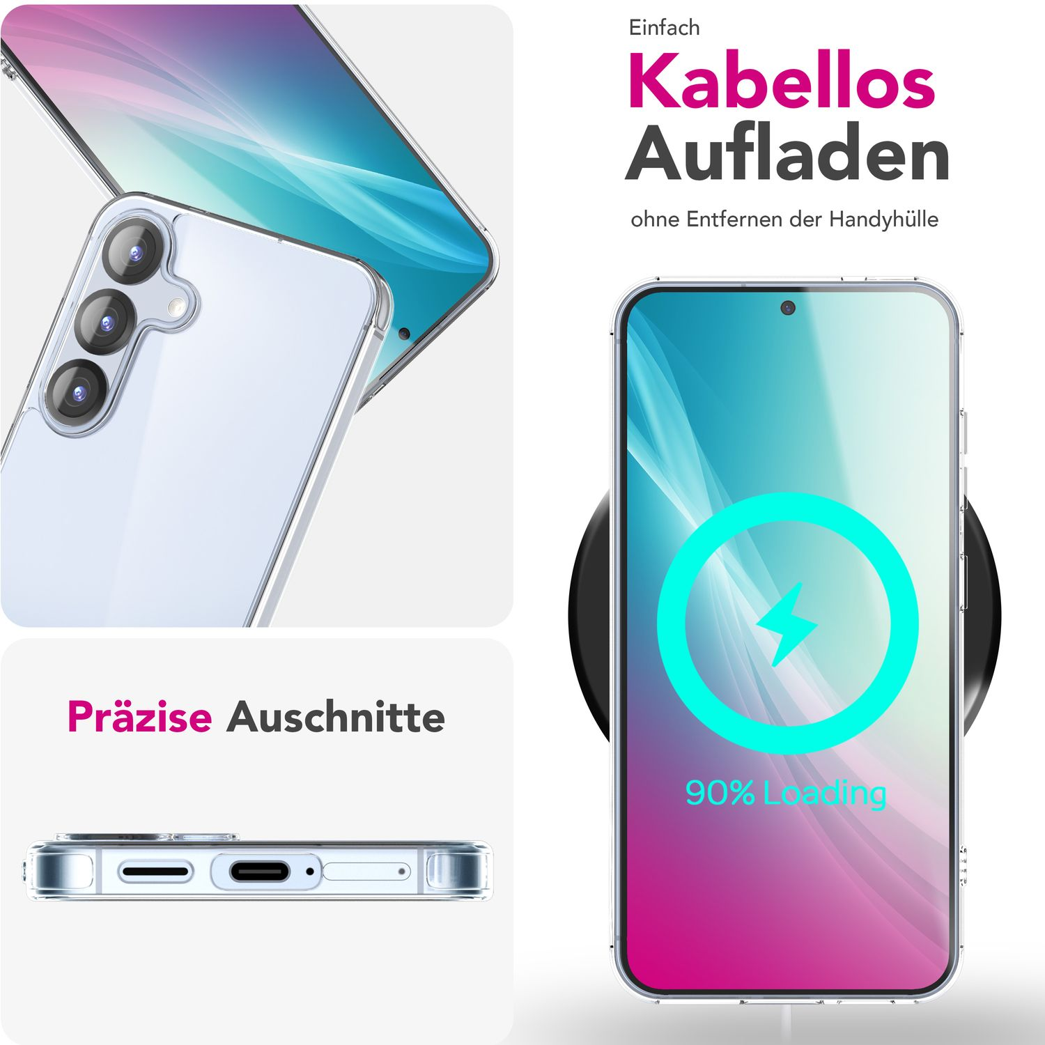 Ein Telefon, das drahtlos mit einer Hülle geladen wird, die Hülle befindet sich links.
