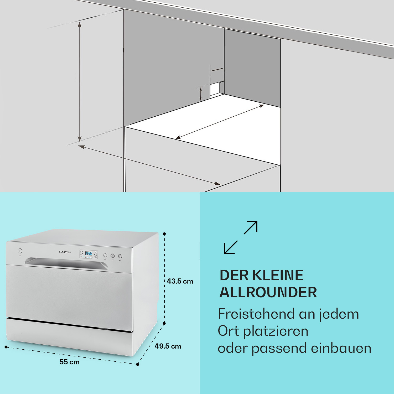 lavastoviglie KLARSTEIN Havasia UV 6, Programmi 6, Dimensioni: L 55 cm, A 43,50 cm, P 49,50 cm, Rumorosità, Argento metallizzato, Classe E