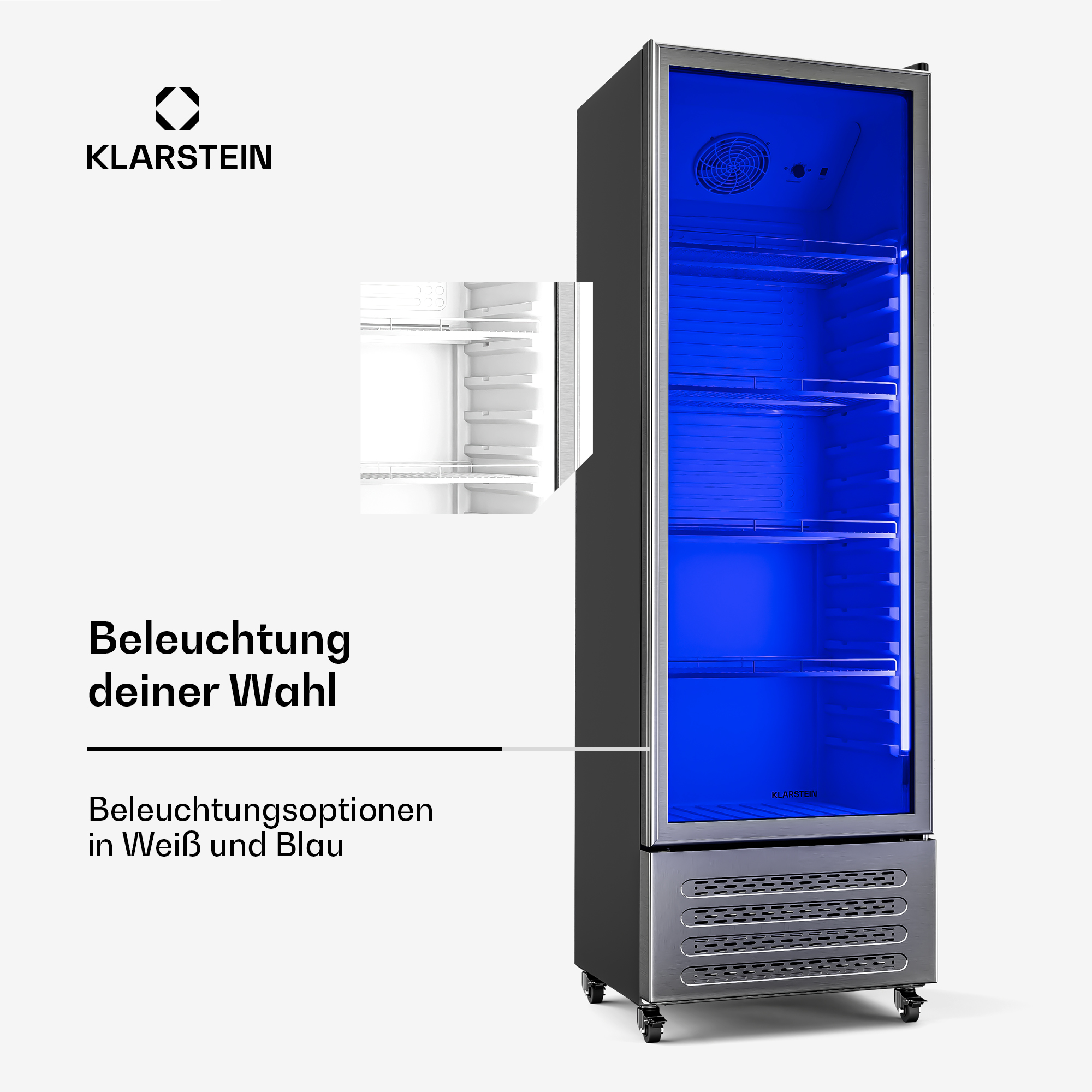 Hoher schwarzer Kühlschrank mit blauer Innenbeleuchtung. Text an der Seite, Klarstein Logo.