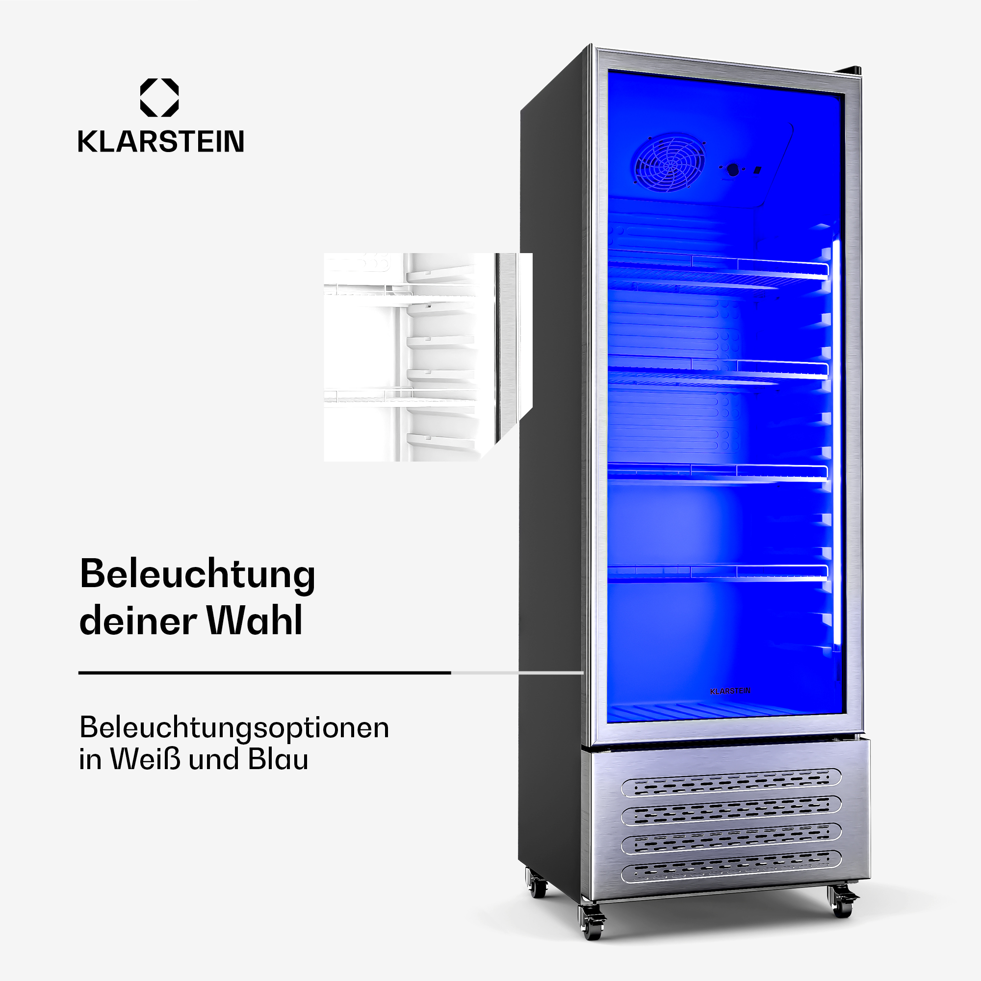 Un frigorifero nero con luce interna blu. La porta è aperta, mostrando i ripiani.