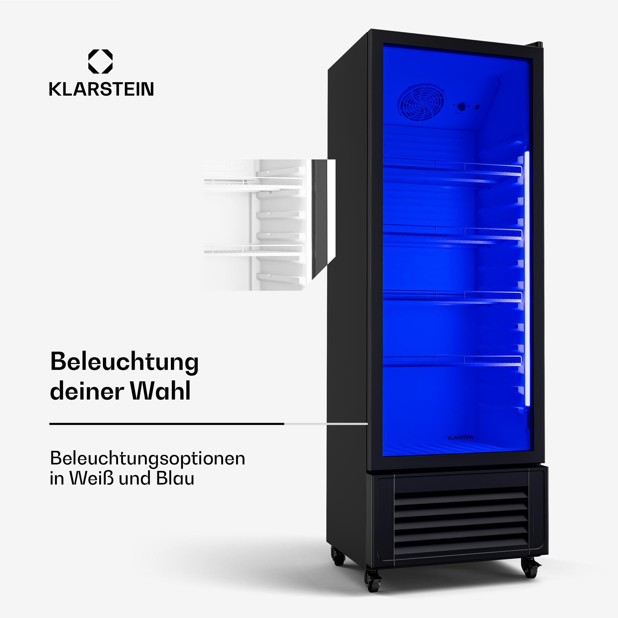 Schwarzer Kühlschrank mit blauer Innenbeleuchtung. Weiße Textetiketten links. Das Gerät hat Räder.