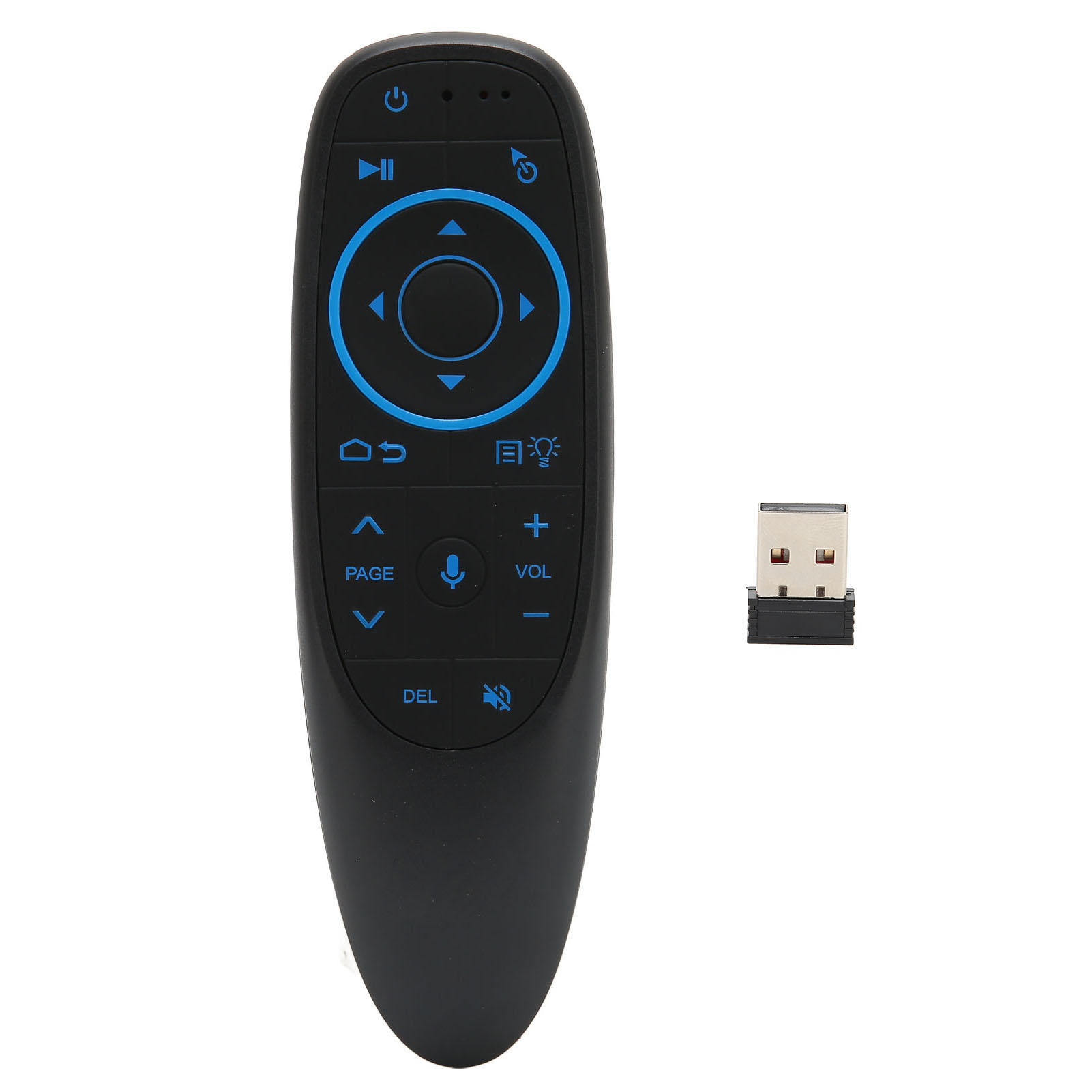 Schwarze Fernbedienung mit blauen Tasten und einem USB-Empfänger. Die Fernbedienung hat Medientasten.