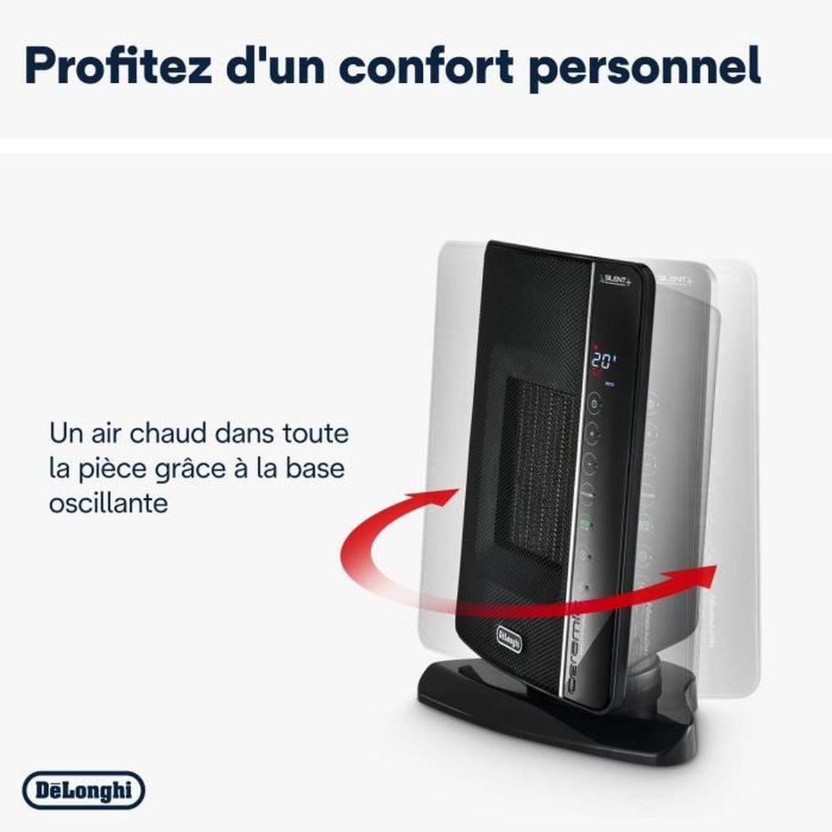 Czarny grzejnik DeLonghi z cyfrowym wyświetlaczem i czerwoną strzałką. Białe tło.