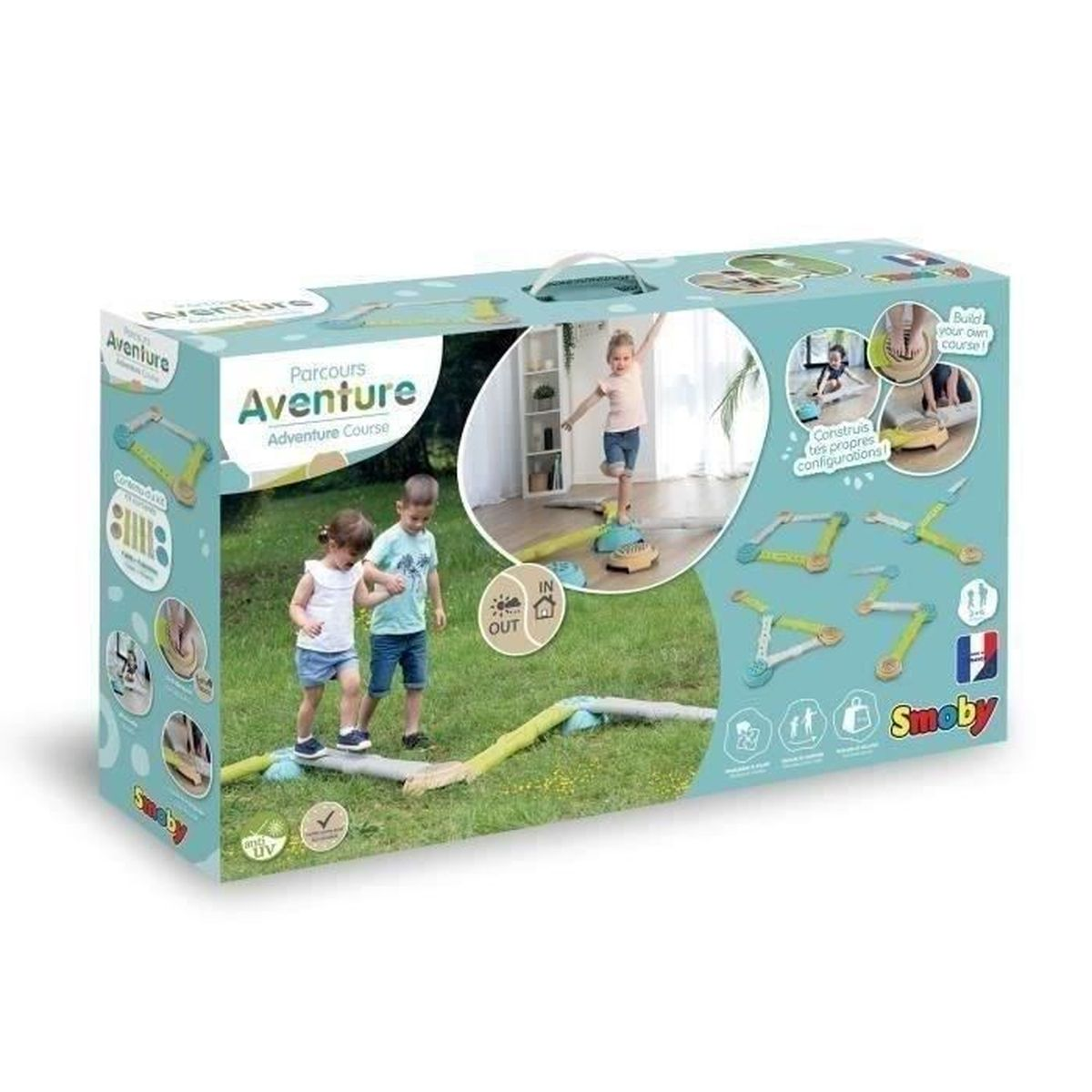 Scatola con gioco percorso avventura. Due bambini che giocano, il percorso. Sfondo bianco.