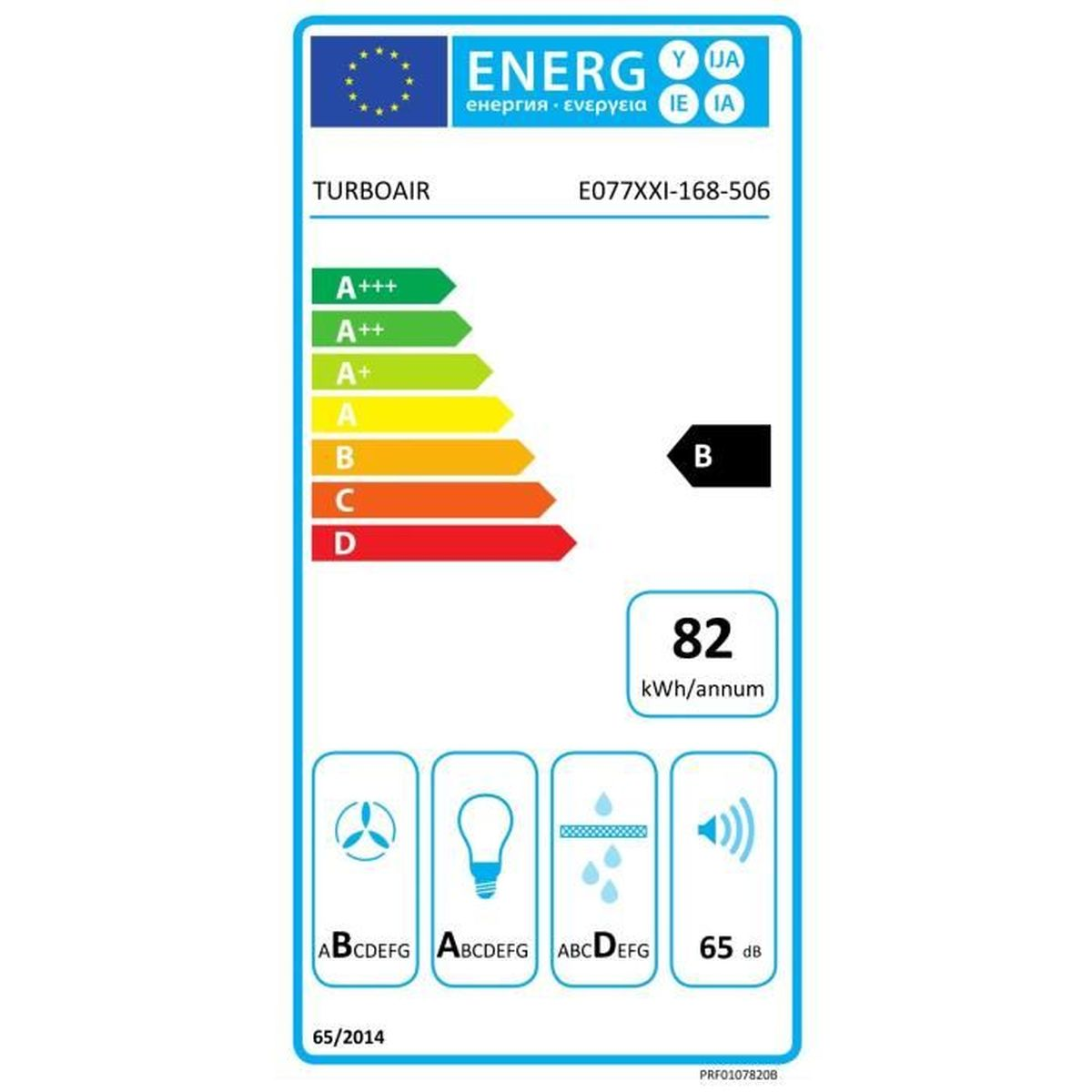 Etiqueta energética para un electrodoméstico Turboair, que muestra las clasificaciones de eficiencia energética y las especificaciones técnicas.