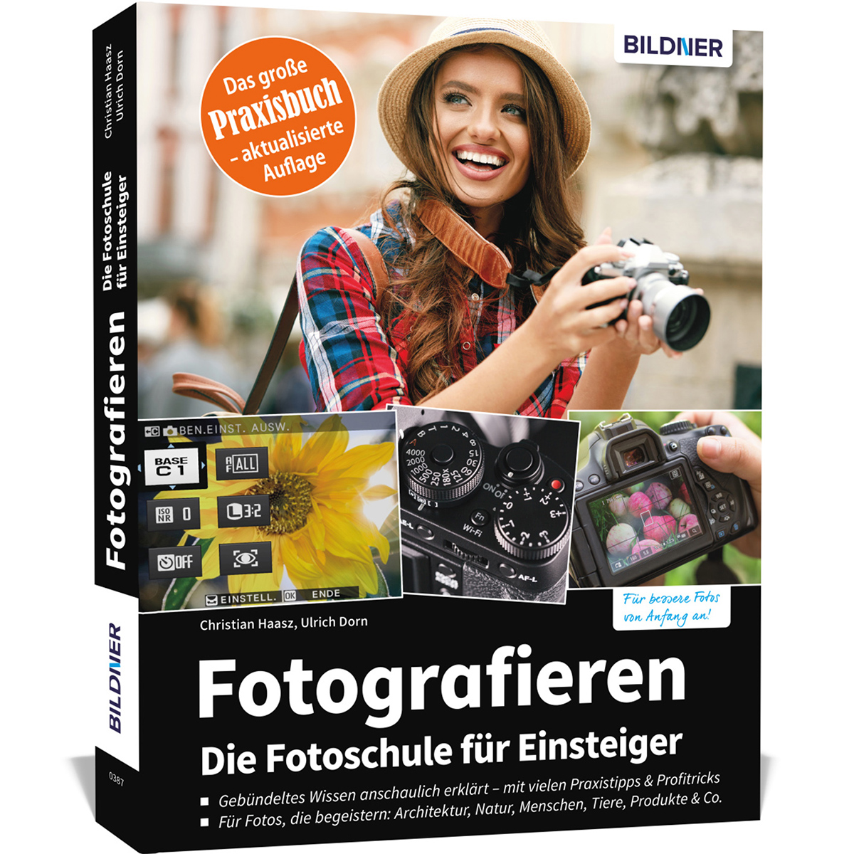 Buchcover: Frau hält Kamera, Titel 'Fotografieren' mit Bildern zur Fotografie.