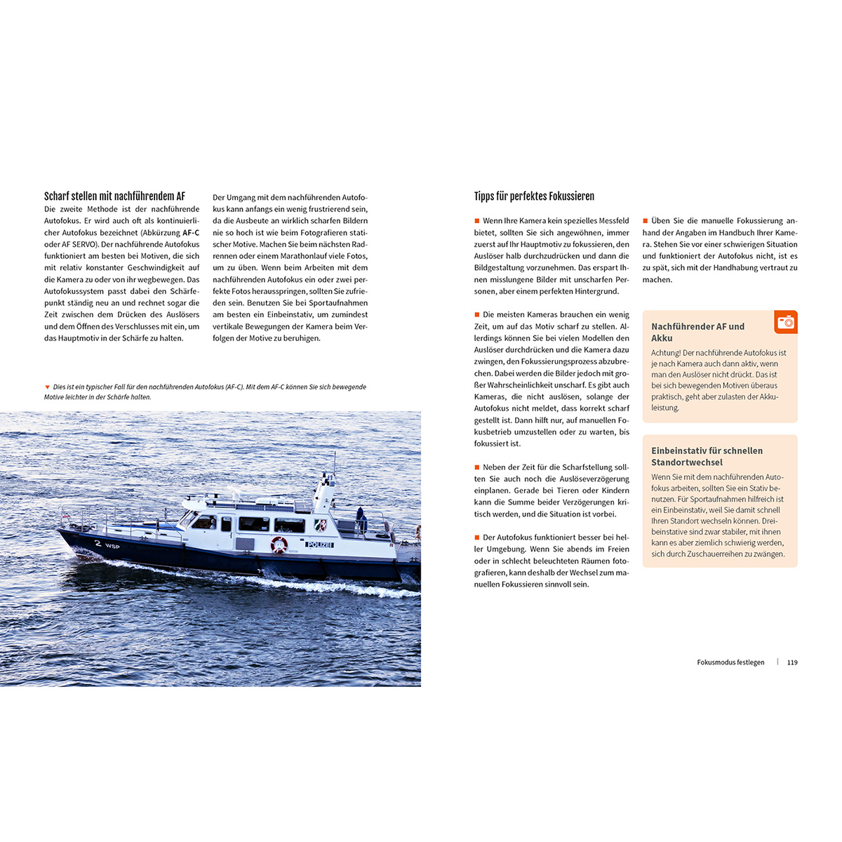 Textgefüllte Seite aus einem Magazin über Kamerafokus. Ein kleines Boot ist abgebildet.