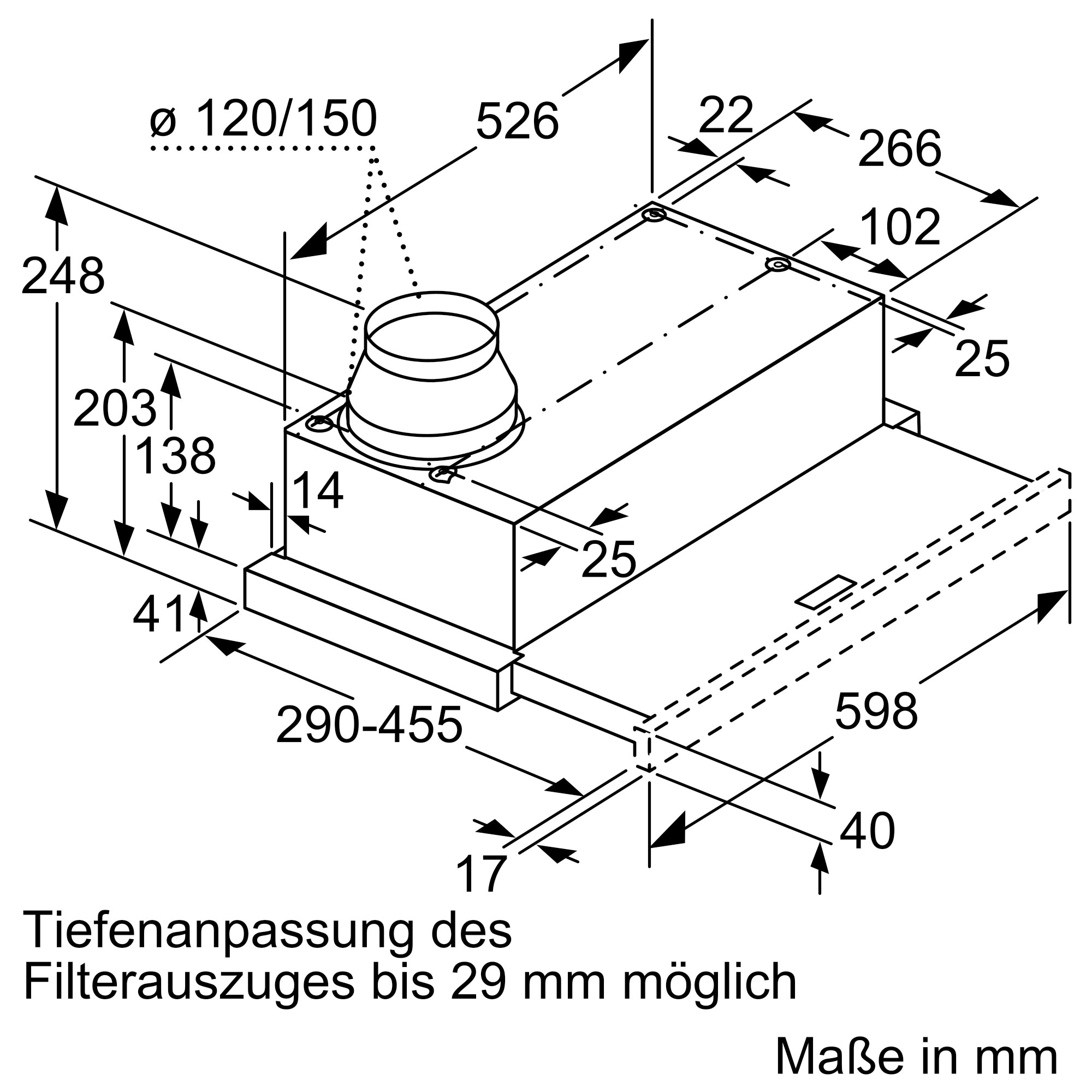 Rysunek techniczny z wymiarami okapu kuchennego. Strzałki i liczby wskazują wymiary w mm.
