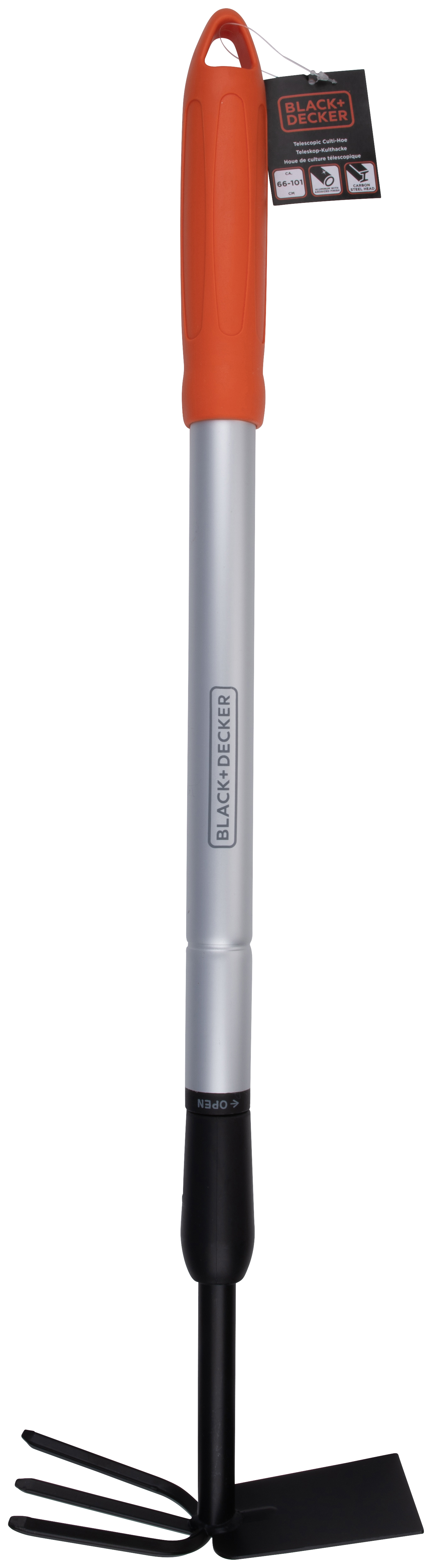 Een tuinschep met een zwarte kop en een oranje handvat. Het handvat is zilver en van het merk Black+Decker.