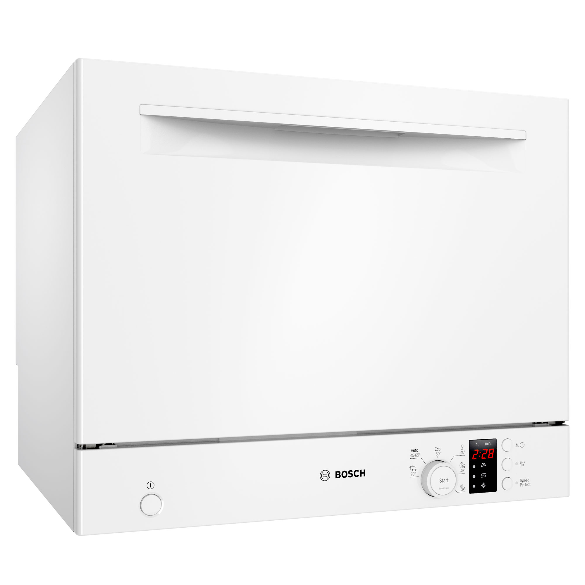 Weißer Bosch-Geschirrspüler mit Bedienfeld unten und geschlossener Tür.