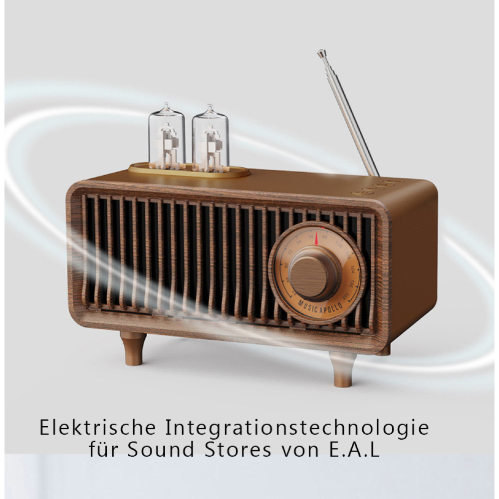 Ein braunes Retro-Radio mit zwei sichtbaren Röhren, einem Drehrad und einer silbernen Antenne.