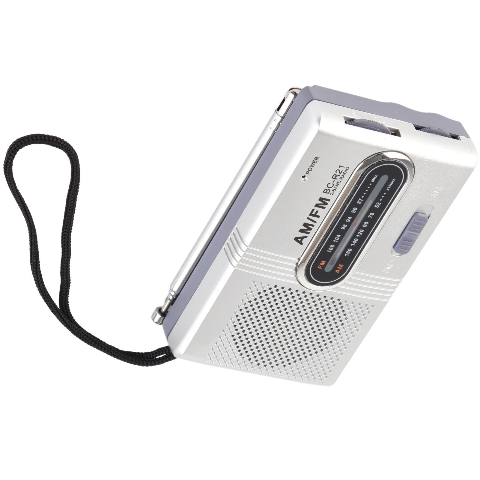 Ein silbernes AM/FM-Radio mit schwarzem Riemen. Es hat einen Lautsprecher und einen Abstimmknopf.
