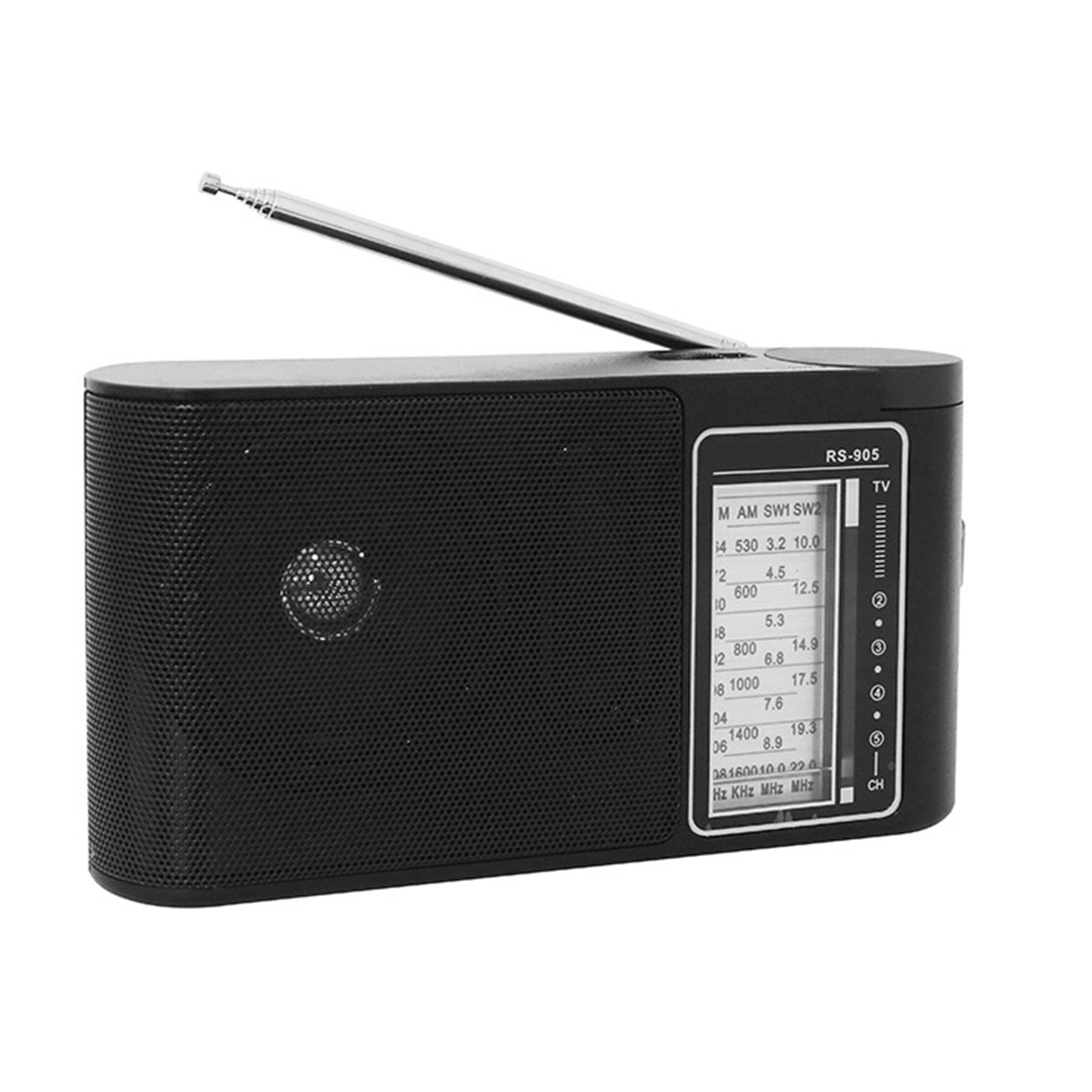 Schwarzes Radio mit Antenne und Anzeigefeld. Das Gerät steht auf einer weißen Oberfläche.