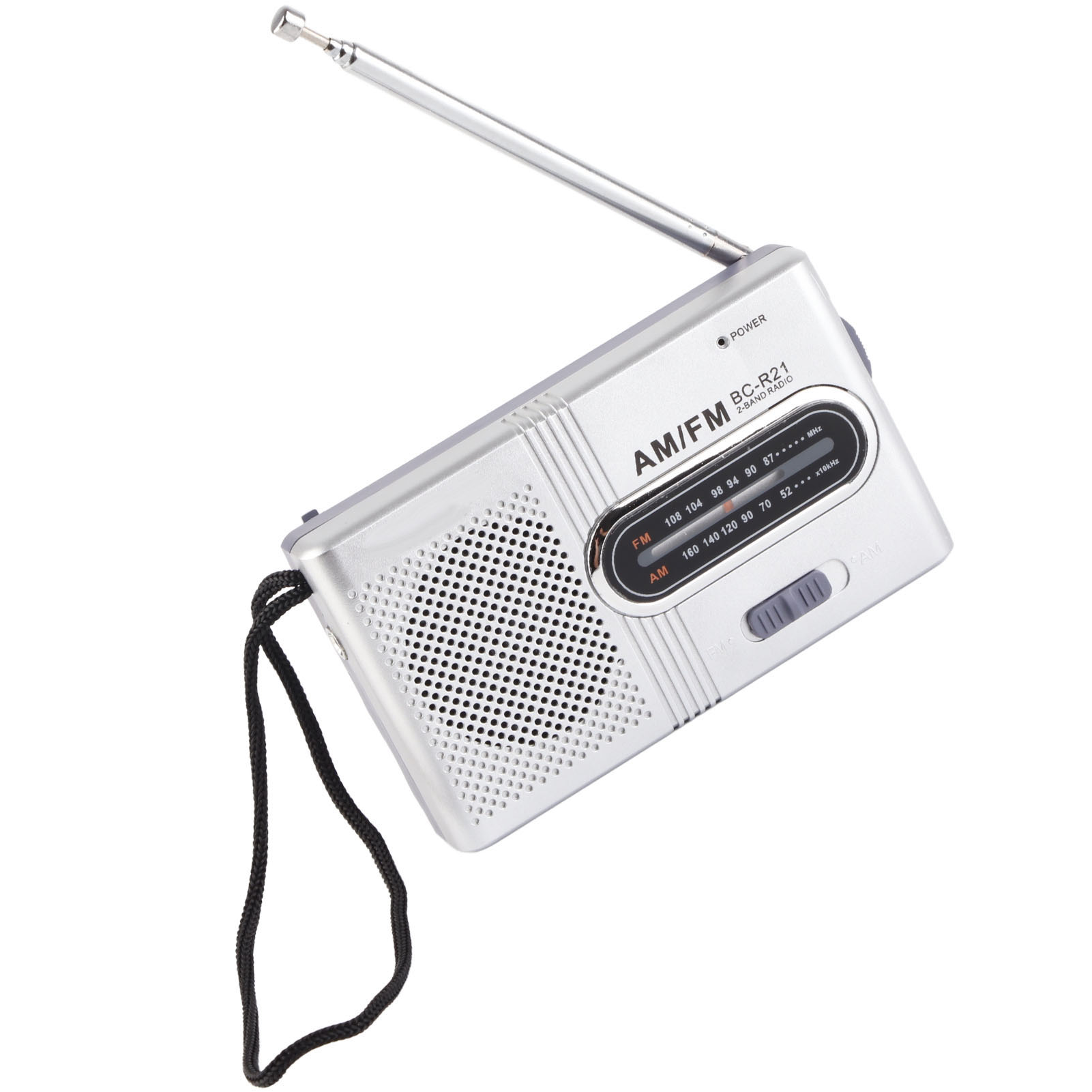 Silbernes AM/FM-Radio. Schwarzer Riemen, Antenne und Drehrad sind sichtbar.