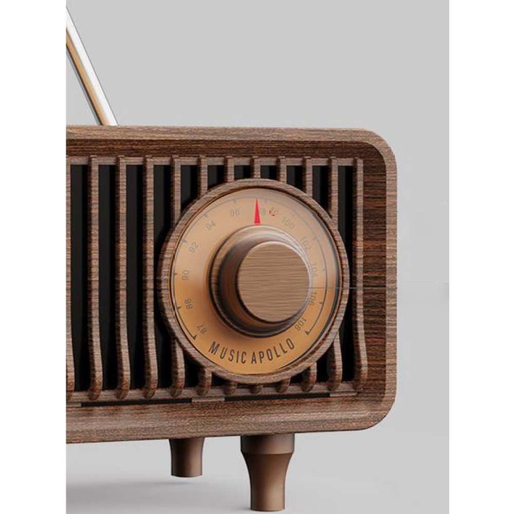 Ein Holzradio mit einem Abstimmungsrad, das 'MUSIC APOLLO' zeigt, auf hellem Hintergrund.