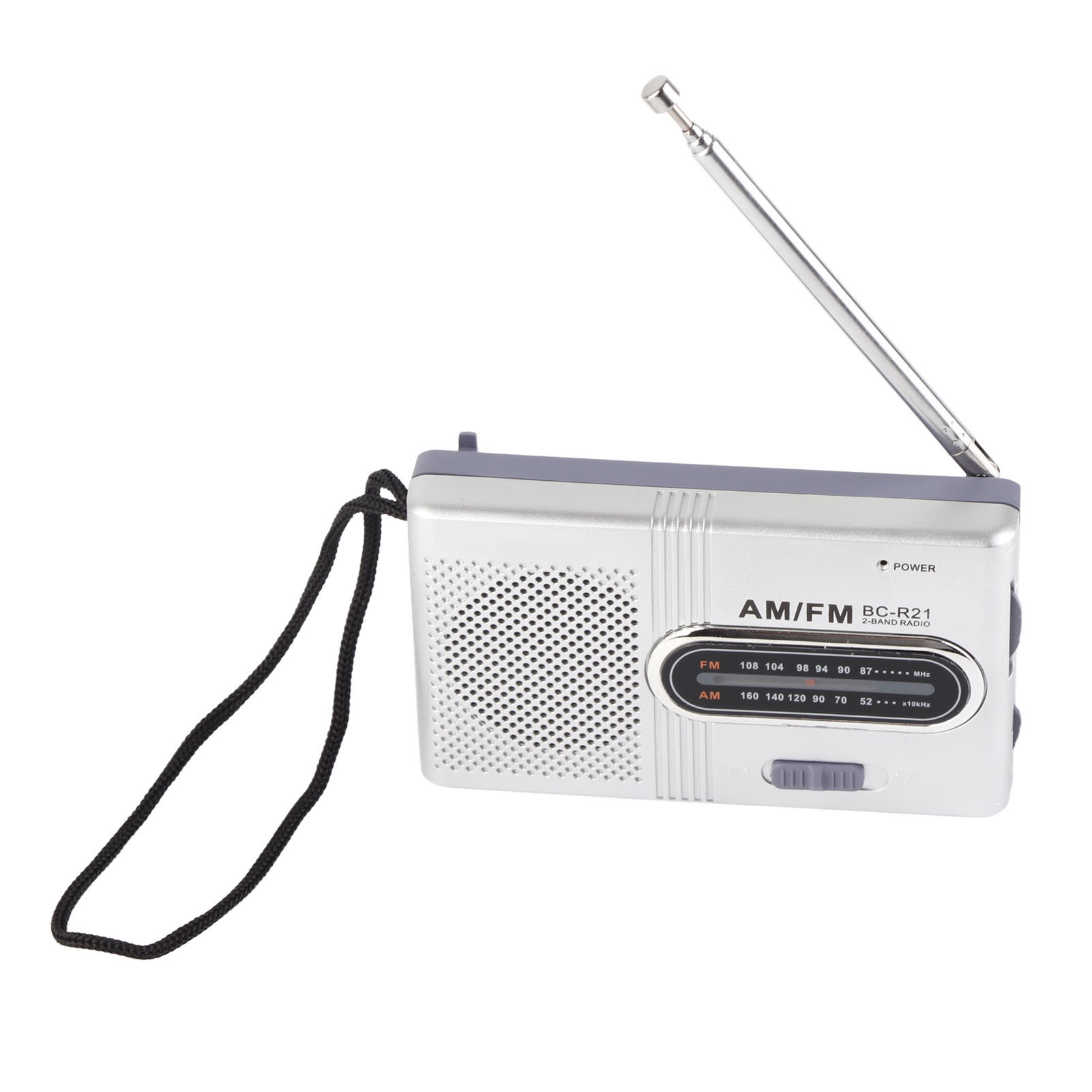 Ein silbernes AM/FM-Radio mit schwarzem Riemen und Antenne. Die Bedienelemente umfassen einen Abstimmregler und einen Netzschalter.